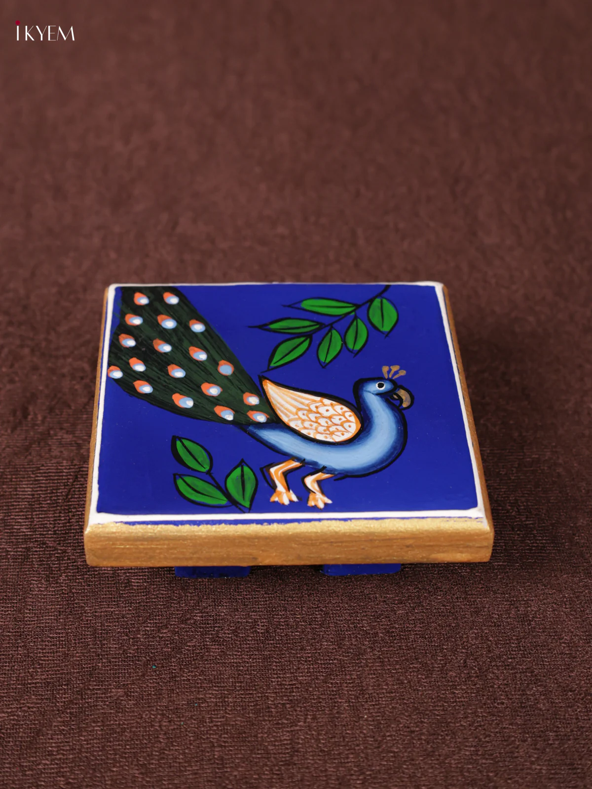 Wooden Hand Painted Manai - (4×4) - Peacock - Blue - KEA1219
