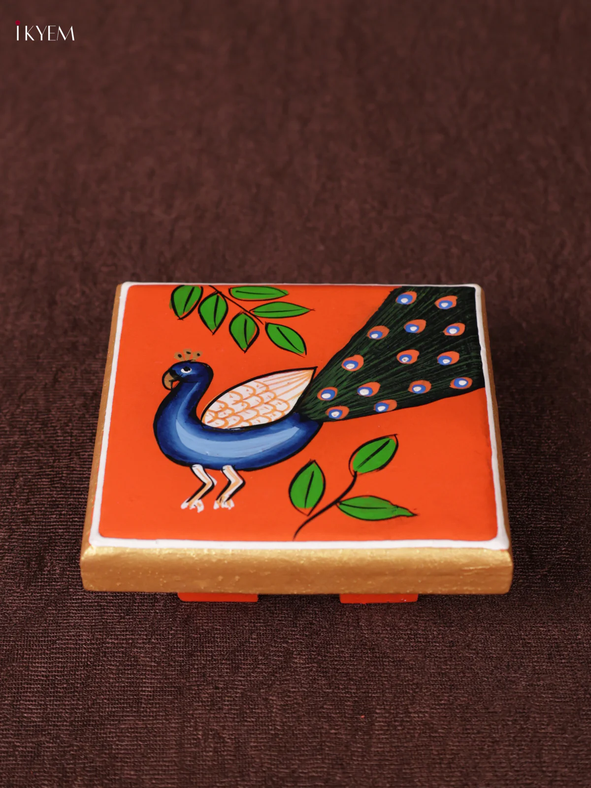 Wooden Hand Painted Manai - (4×4) - Peacock - Orange - KEA1221
