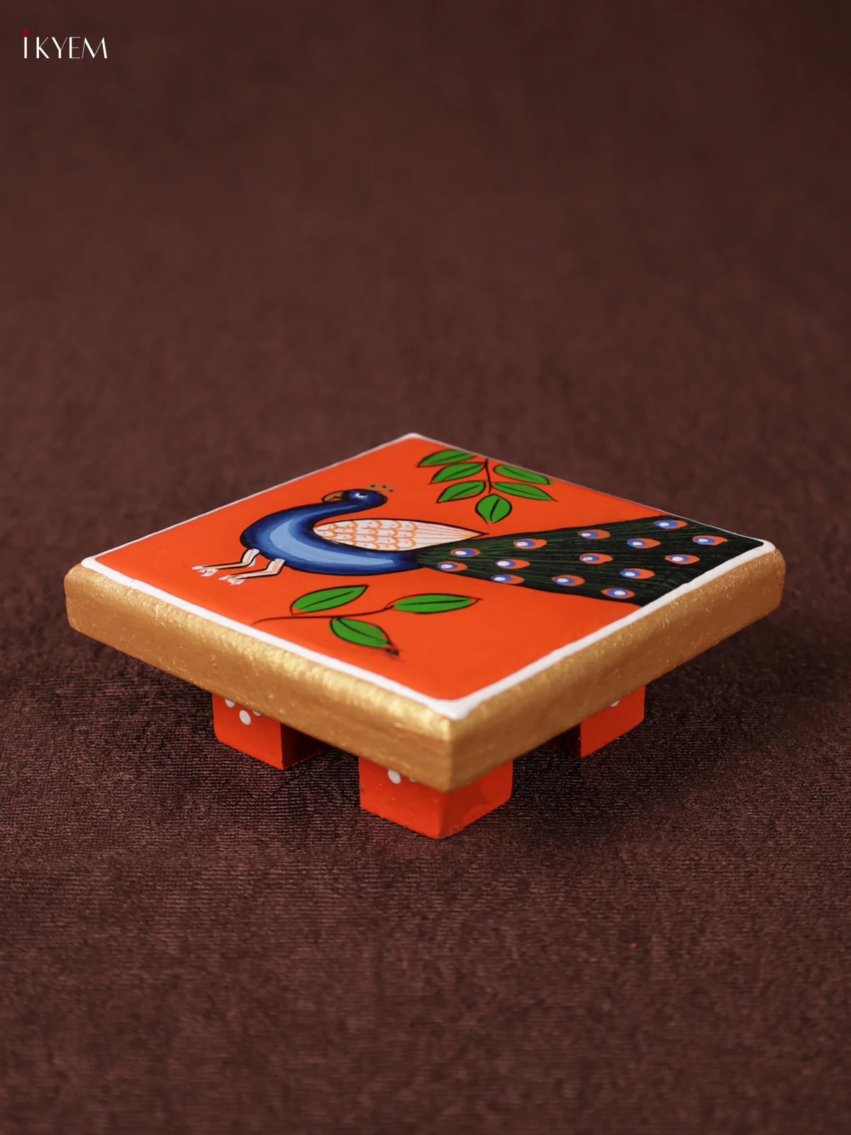 Wooden Hand Painted Manai - (4×4) - Peacock - Orange - KEA1221 - Image 2