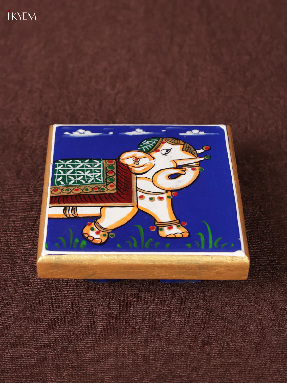 Wooden Hand Painted Manai - (4×4) - Elephant - Blue - KEA1223