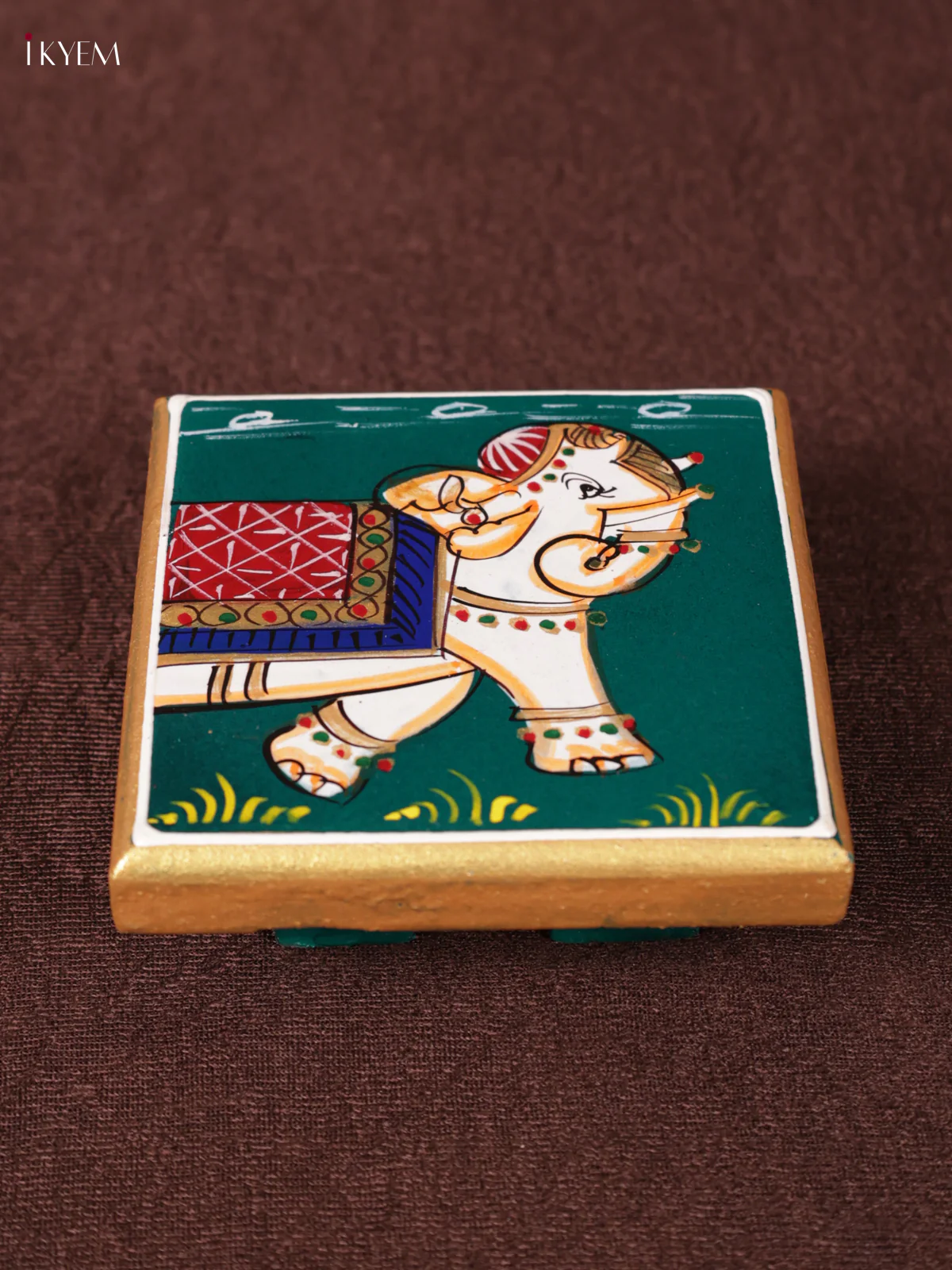 Wooden Hand Painted Manai - (4×4) - Elephant - Green - KEA1224
