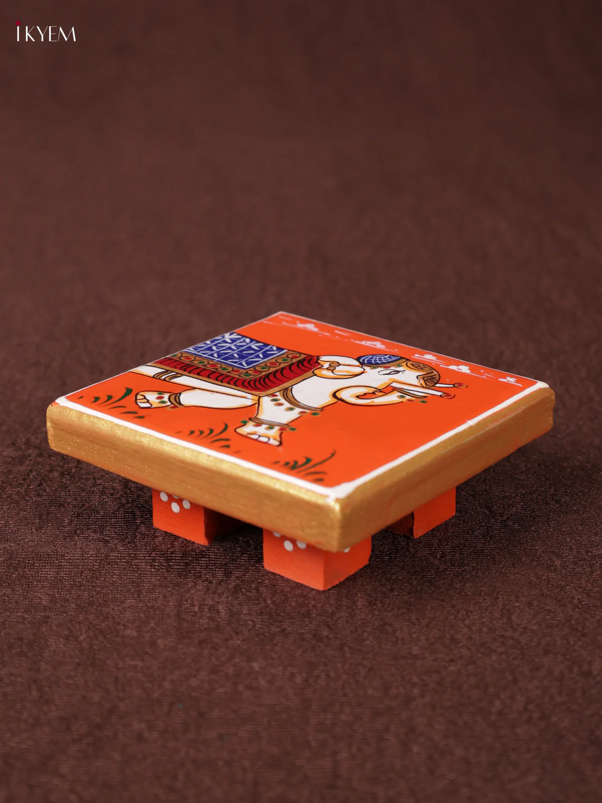 Wooden Hand Painted Manai - (4×4) - Elephant - Orange - KEA1226 - Image 2