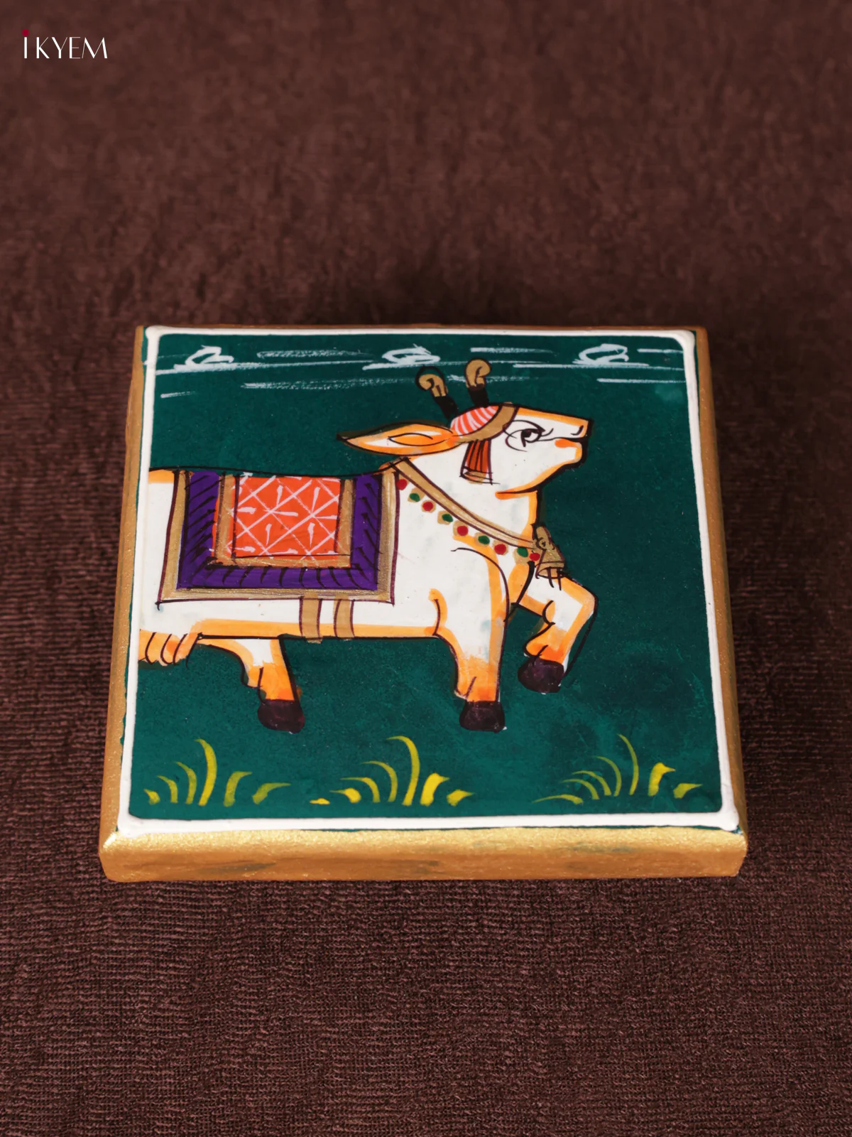 Wooden Hand Painted Manai - (4×4) - Cow - Green - KEA1232