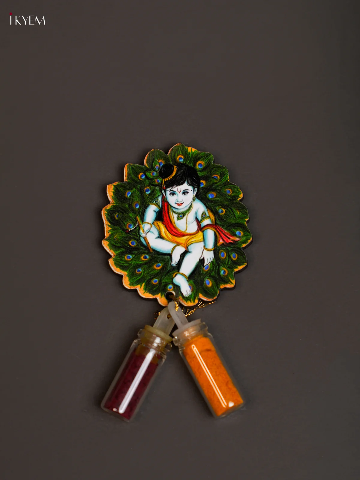 Haldi Kumkum Bottle with Fridge Magnets - Peacock Krishna - KEA2610