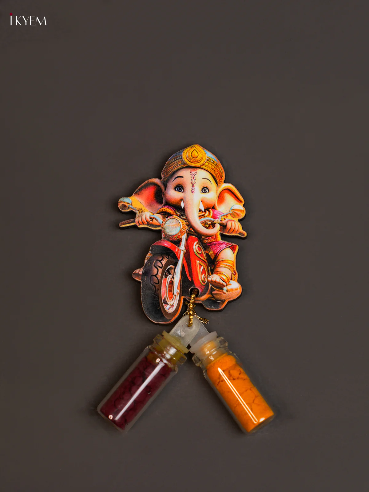 Haldi Kumkum Bottle with Fridge Magnets - Ganesha With Bike - KEA2611