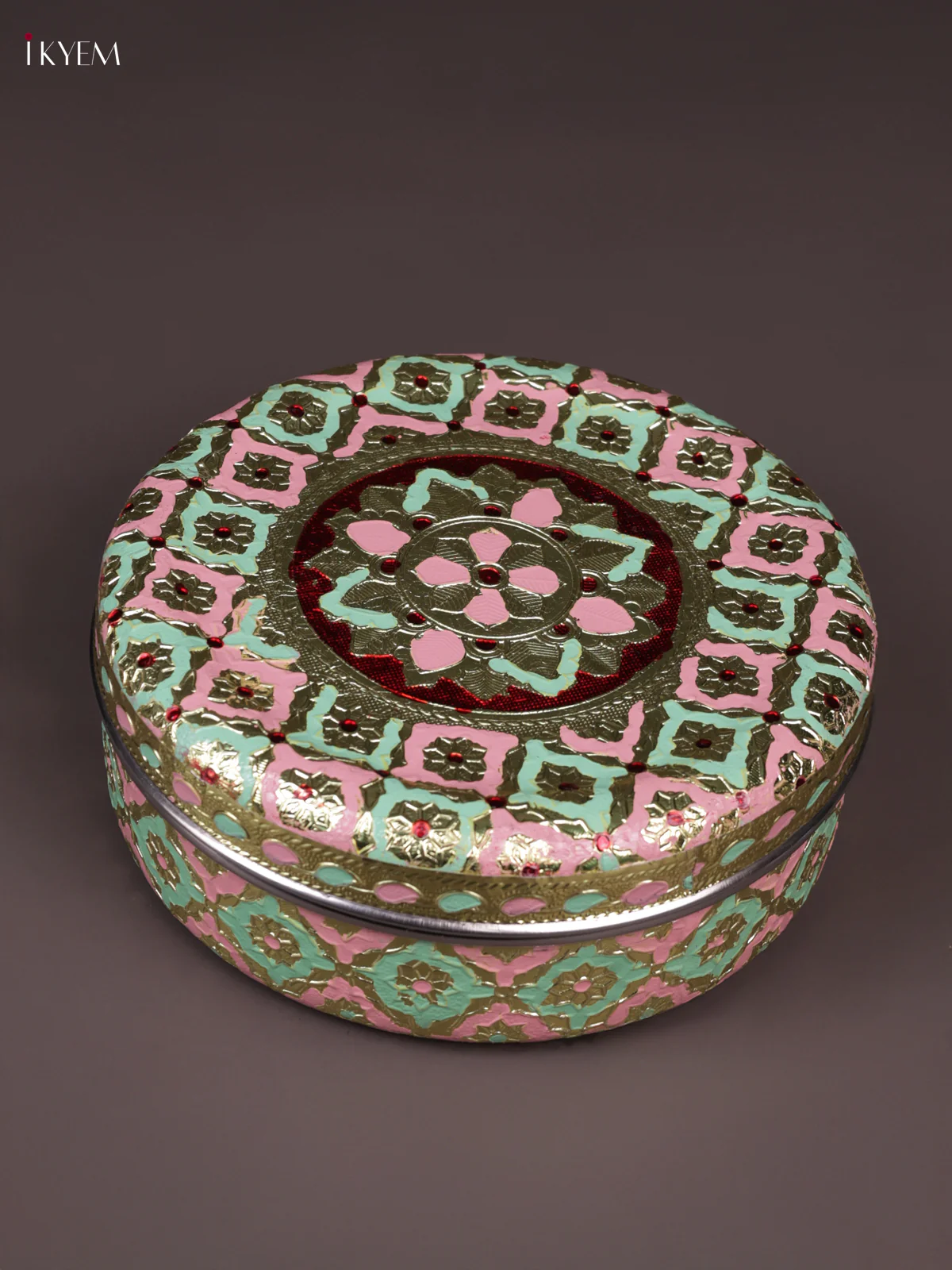 Meenakari Steel Box - Pink & Green - 7 inch - KEA3020