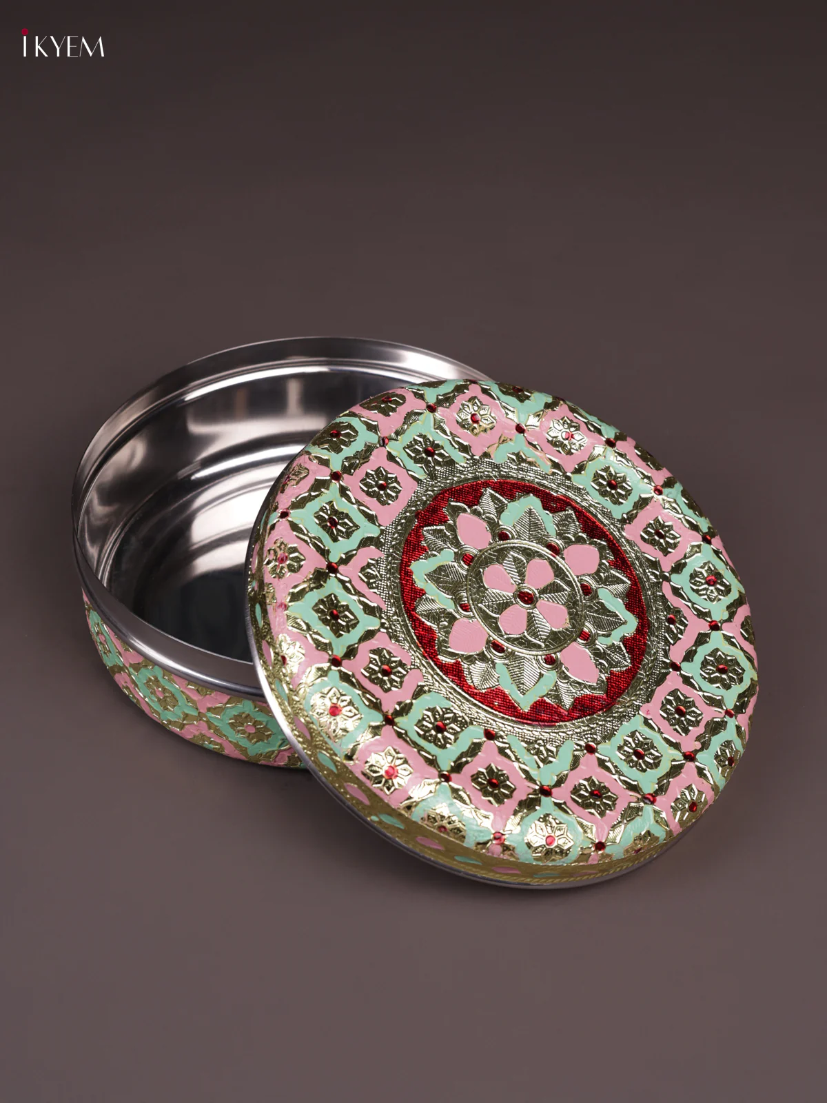 Meenakari Steel Box - Pink & Green - 7 inch - KEA3020 - Image 2