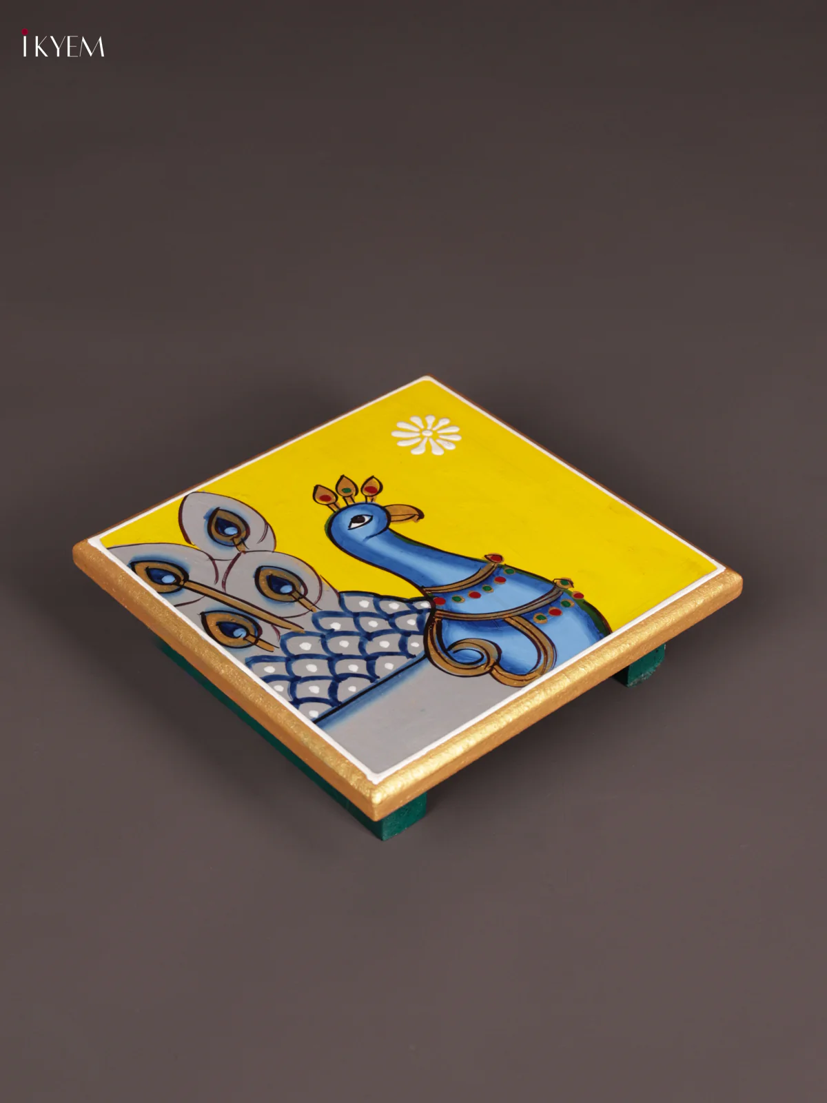 Wooden Hand Painted Manai - (6×6) - Peacock - Yellow - Image 2