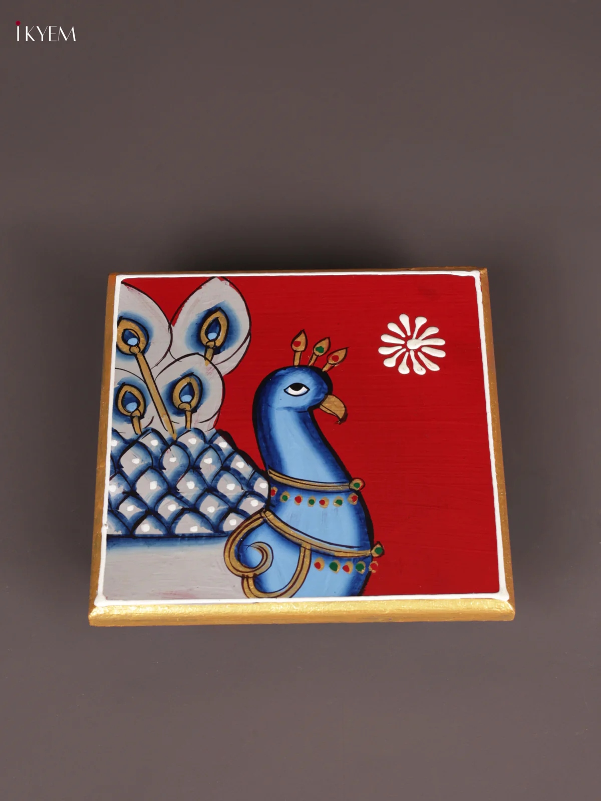 Wooden Hand Painted Manai - (6×6) - Peacock - Red