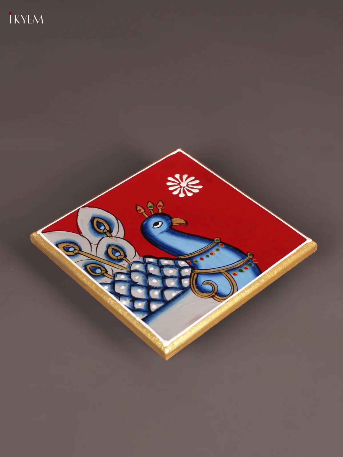 Wooden Hand Painted Manai - (6×6) - Peacock - Red - Image 2