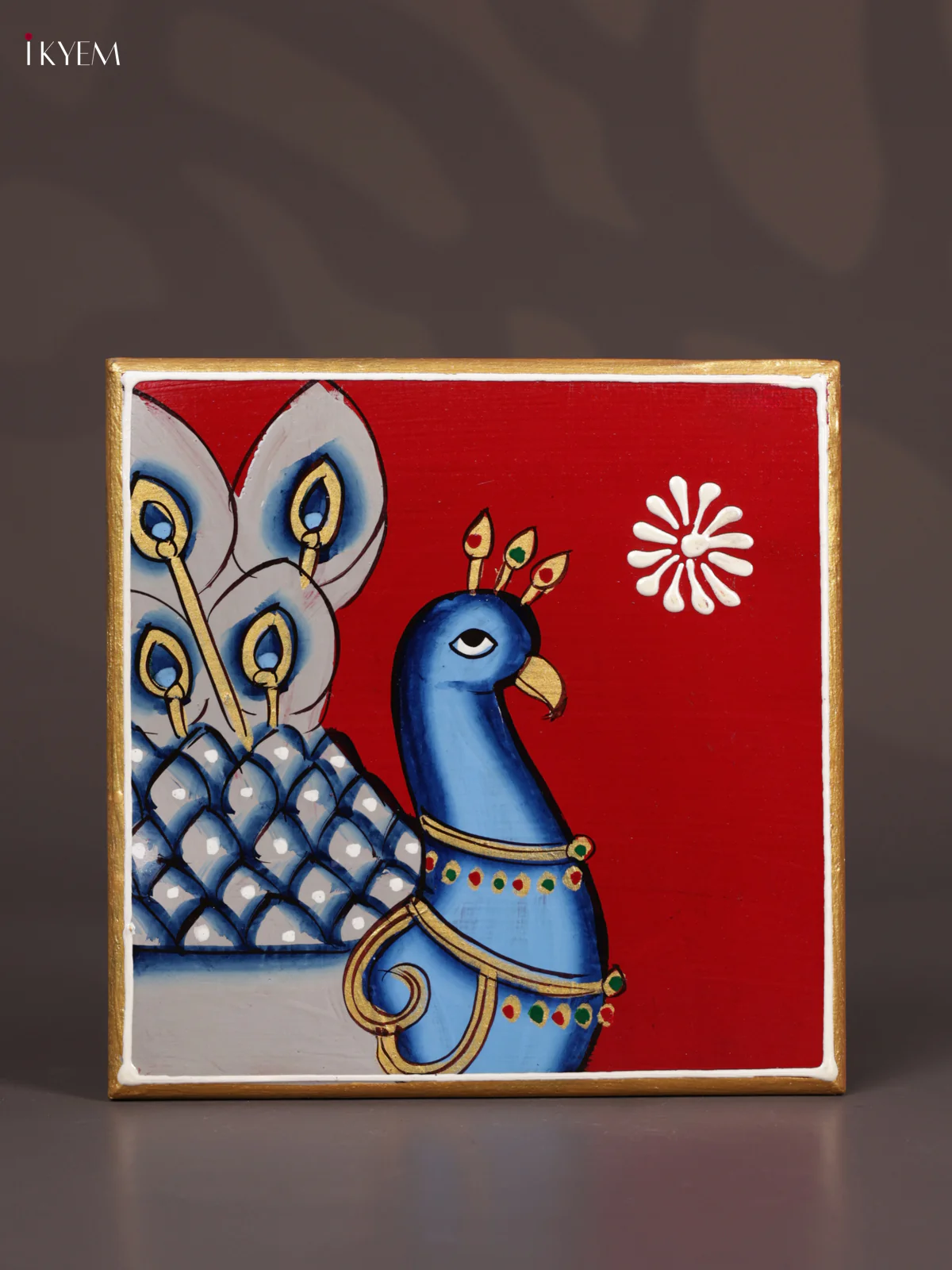 Wooden Hand Painted Manai - (6×6) - Peacock - Red - Image 3