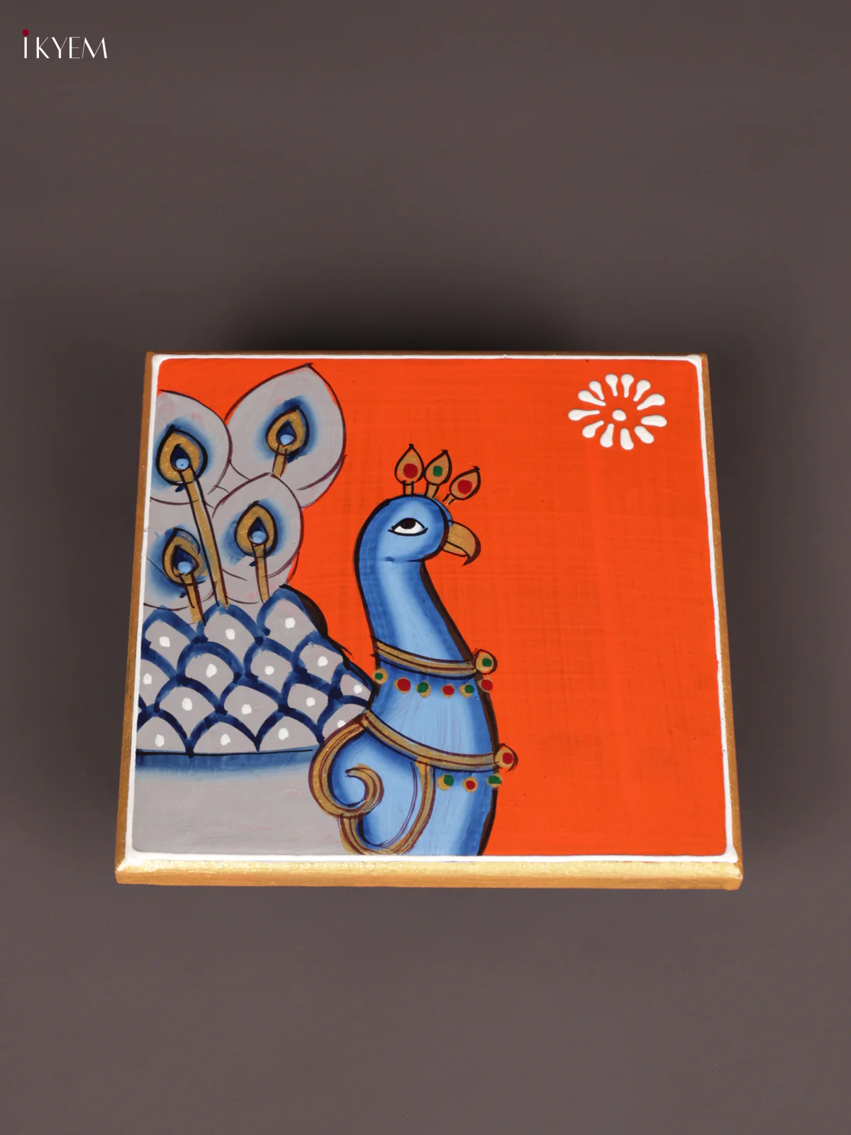 Wooden Hand Painted Manai - (6×6) - Peacock - Orange - KEB0211