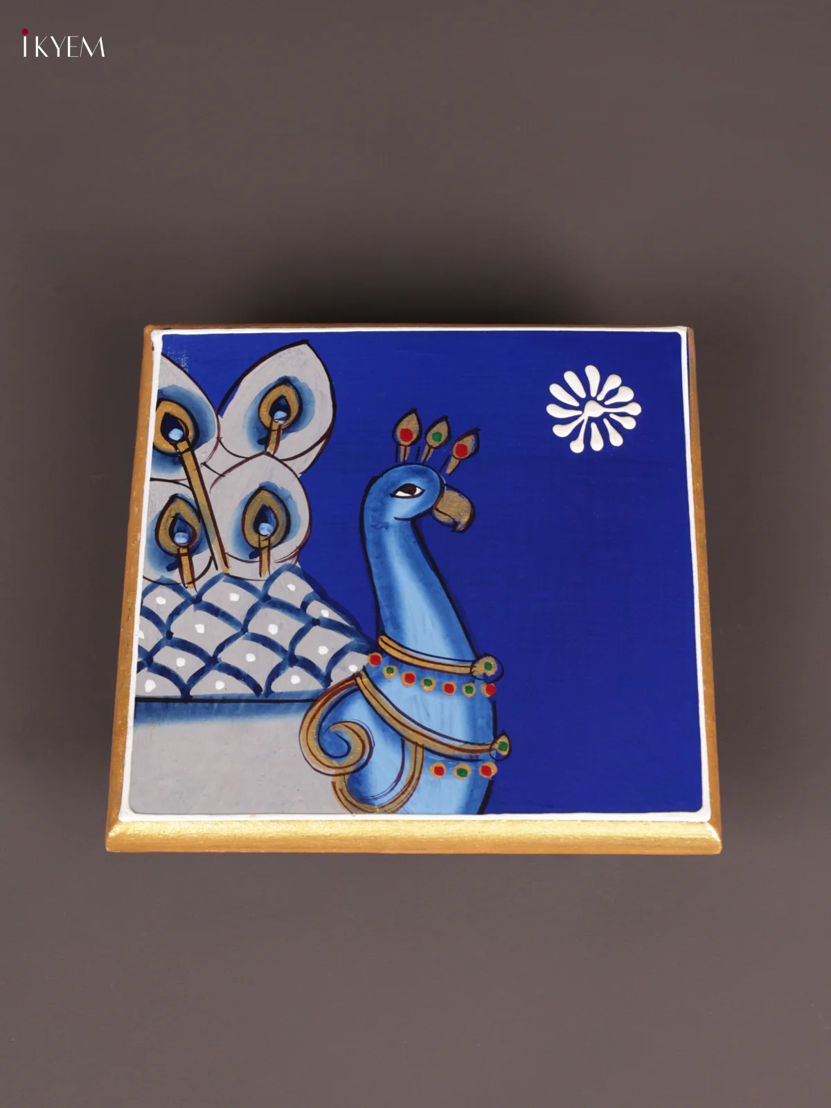 Wooden Hand Painted Manai - (6×6) - Peacock - Blue - KEB0213