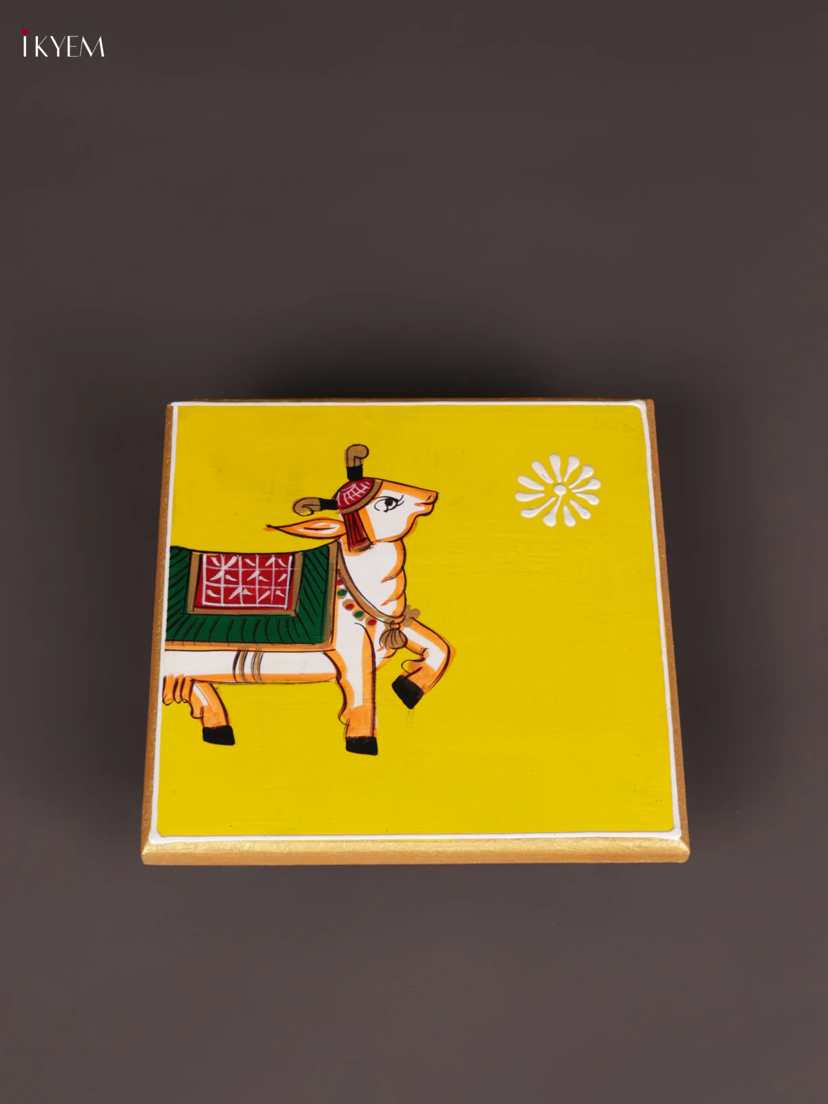 Wooden Hand Painted Manai - (6×6) - Cow - Yellow