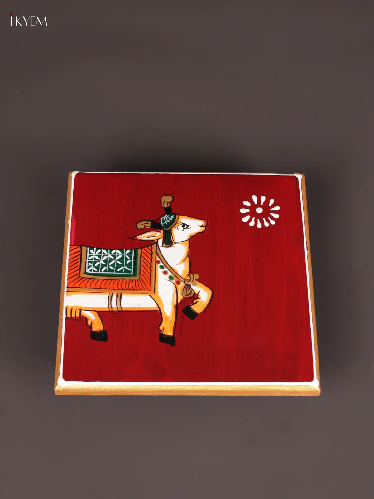 Wooden Hand Painted Manai - (6×6) - Cow - Red