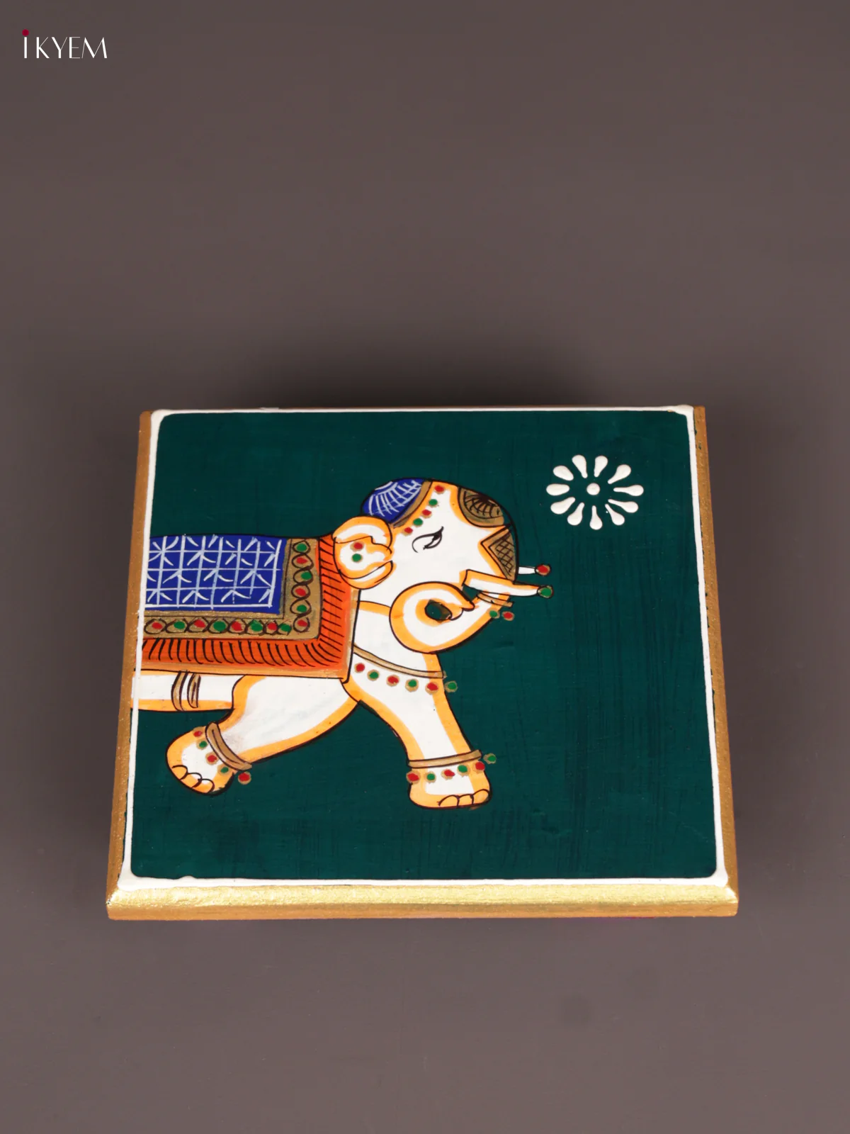 Wooden Hand Painted Manai - (6×6) - Elephant - Green
