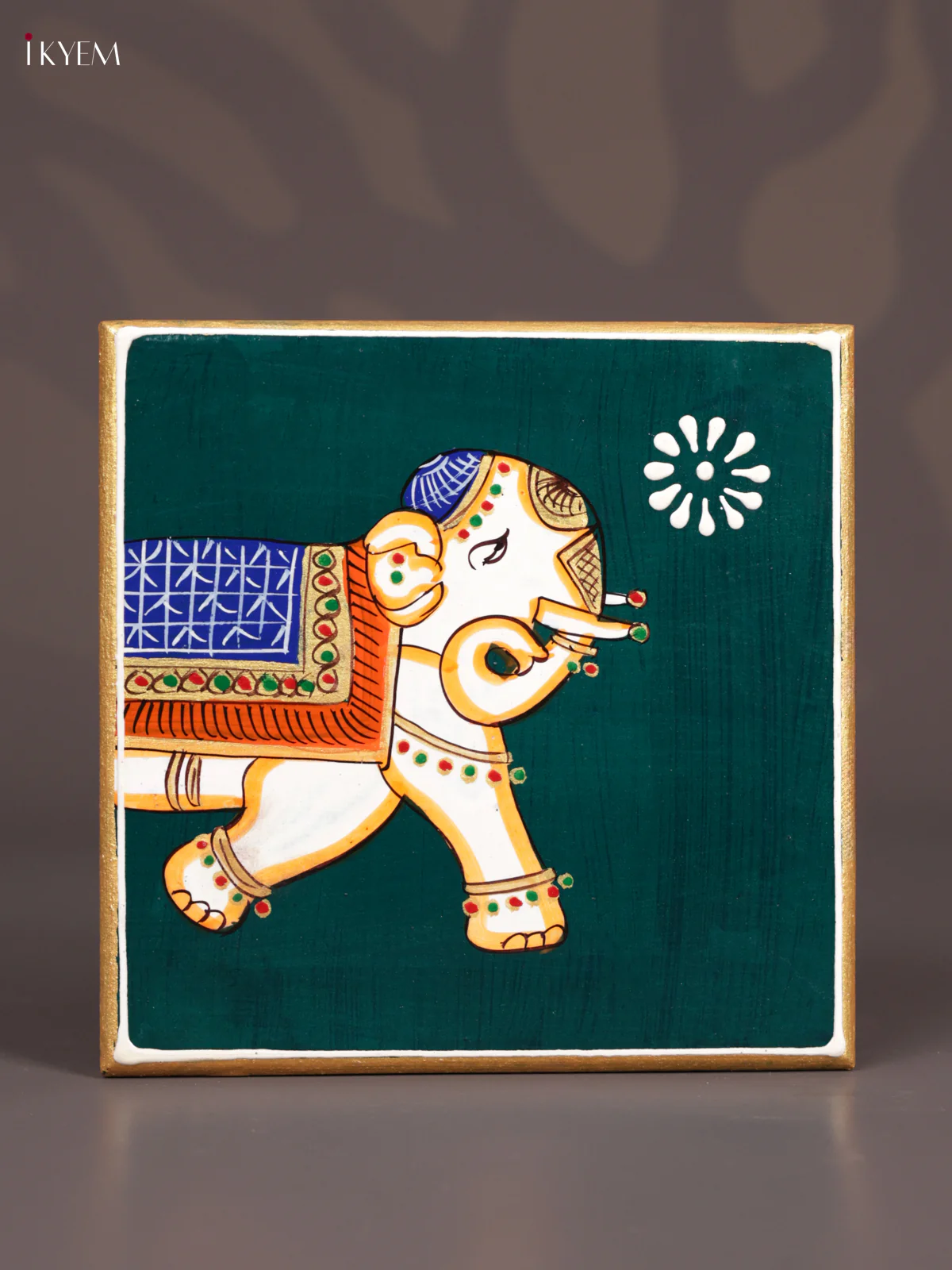 Wooden Hand Painted Manai - (6×6) - Elephant - Green - Image 3