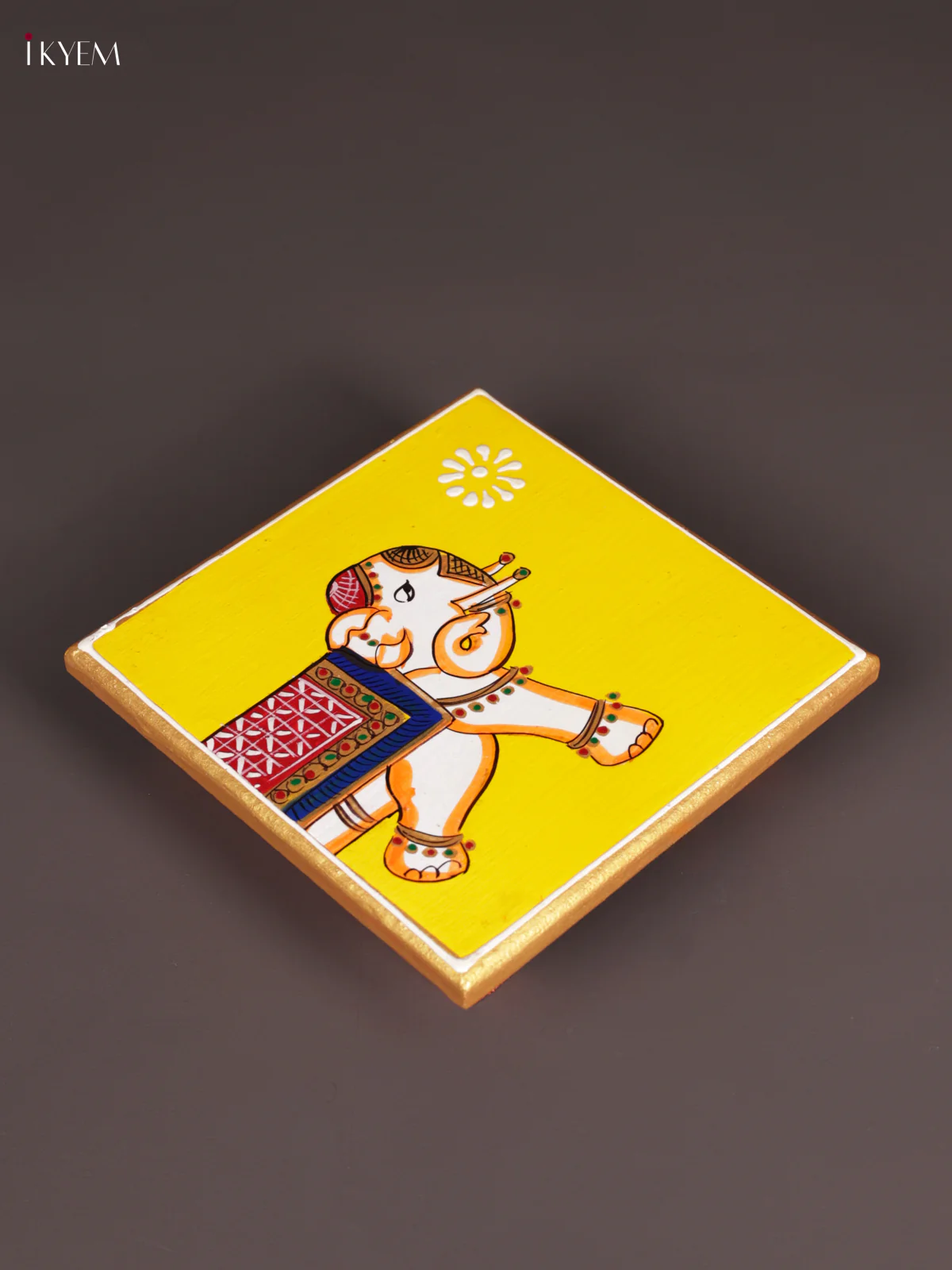 Wooden Hand Painted Manai - (6×6) - Elephant - Yellow - KEB0224 - Image 2