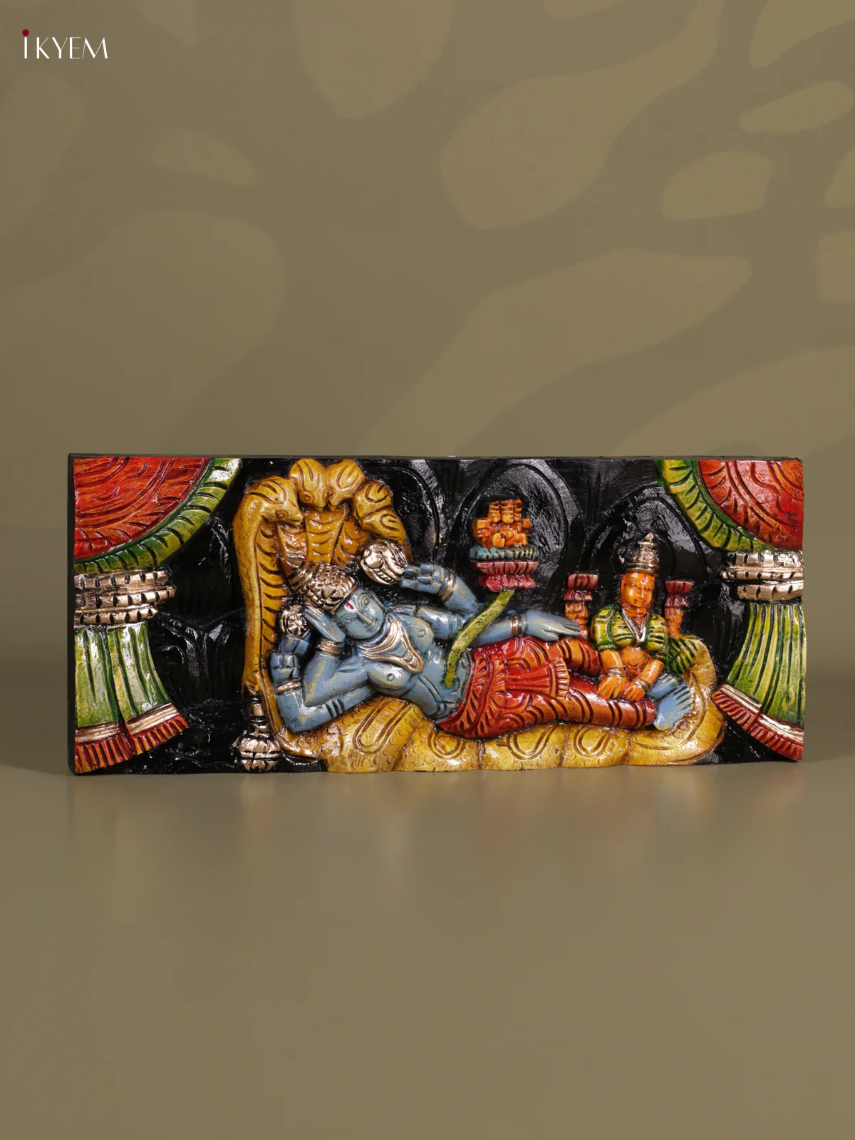 Wooden Hand carved painted - Vishnu & Lakshmi panel - KEB0632 - Image 2