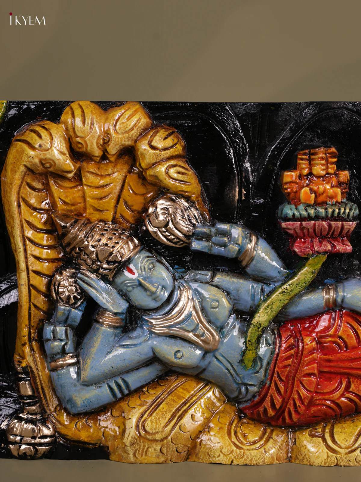 Wooden Hand carved painted - Vishnu & Lakshmi panel - KEB0632 - Image 3
