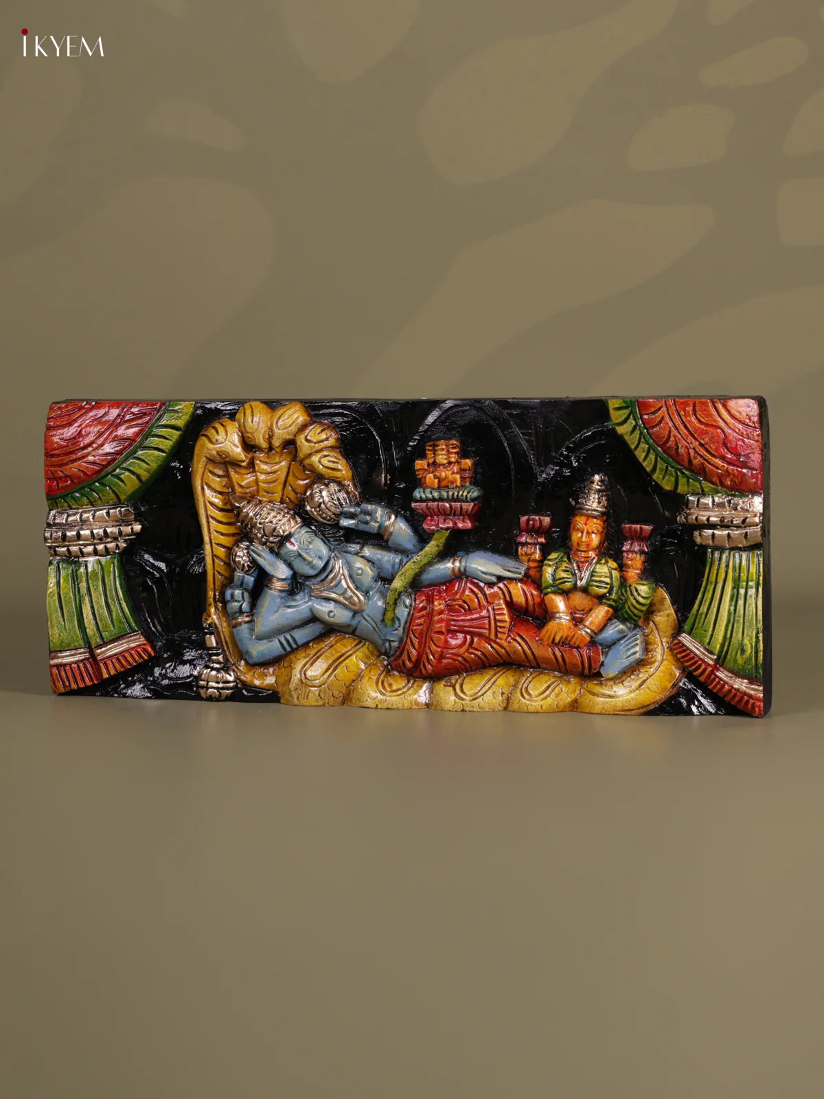 Wooden Hand carved painted - Vishnu & Lakshmi panel - KEB0632 - Image 5