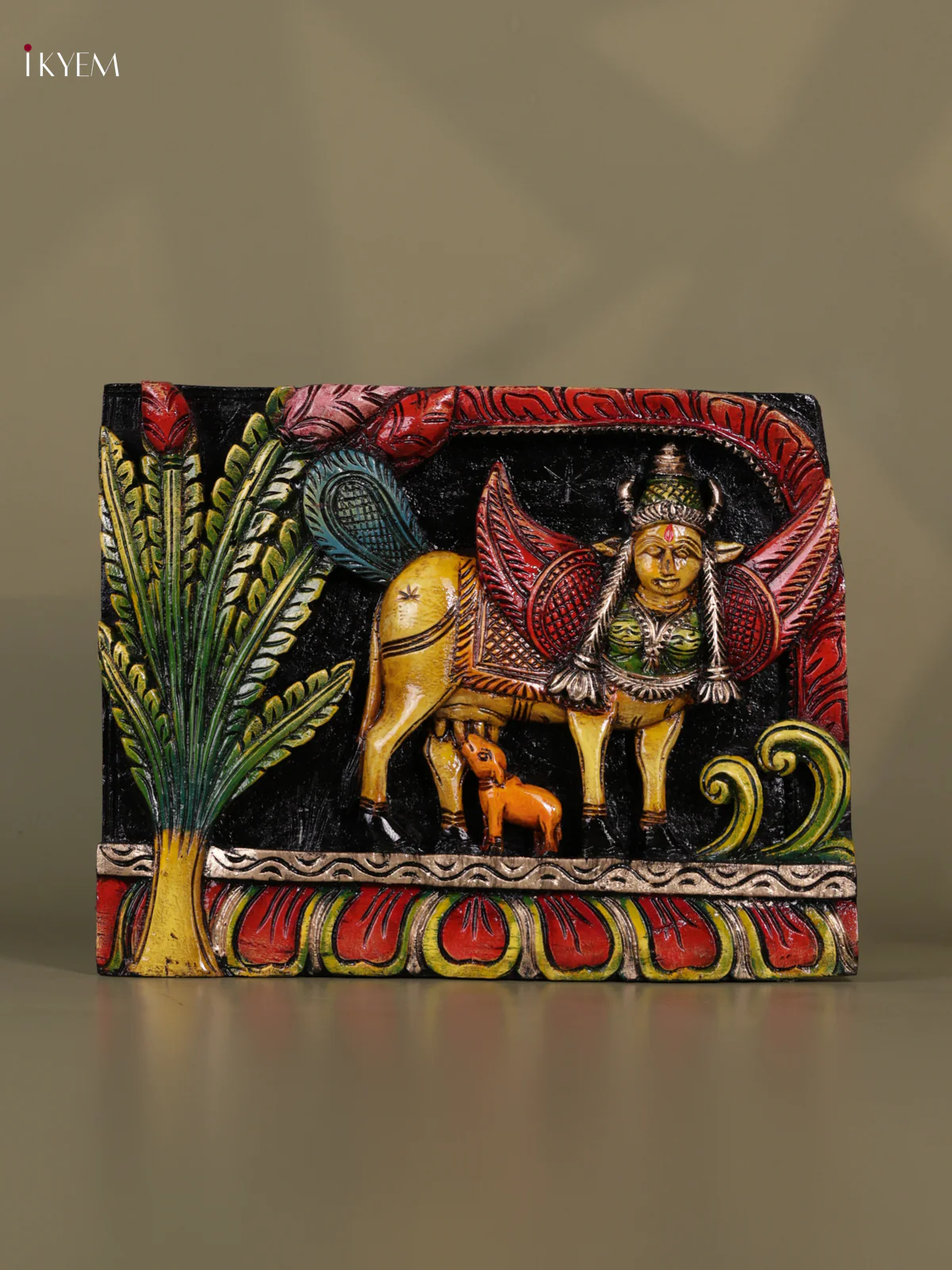 Wooden Hand Carved painted - Kamadhenu Panel - (12x15) - KEB0718