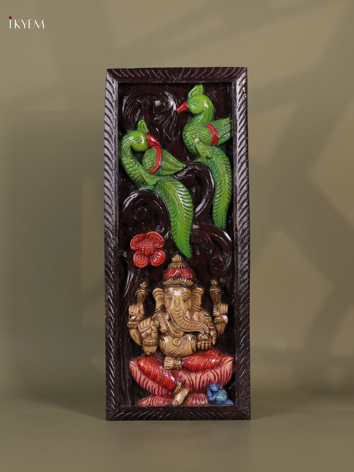 Wooden Hand Carved Painted - Parrot Ganesha - Panel - (24x10) - KEB0729