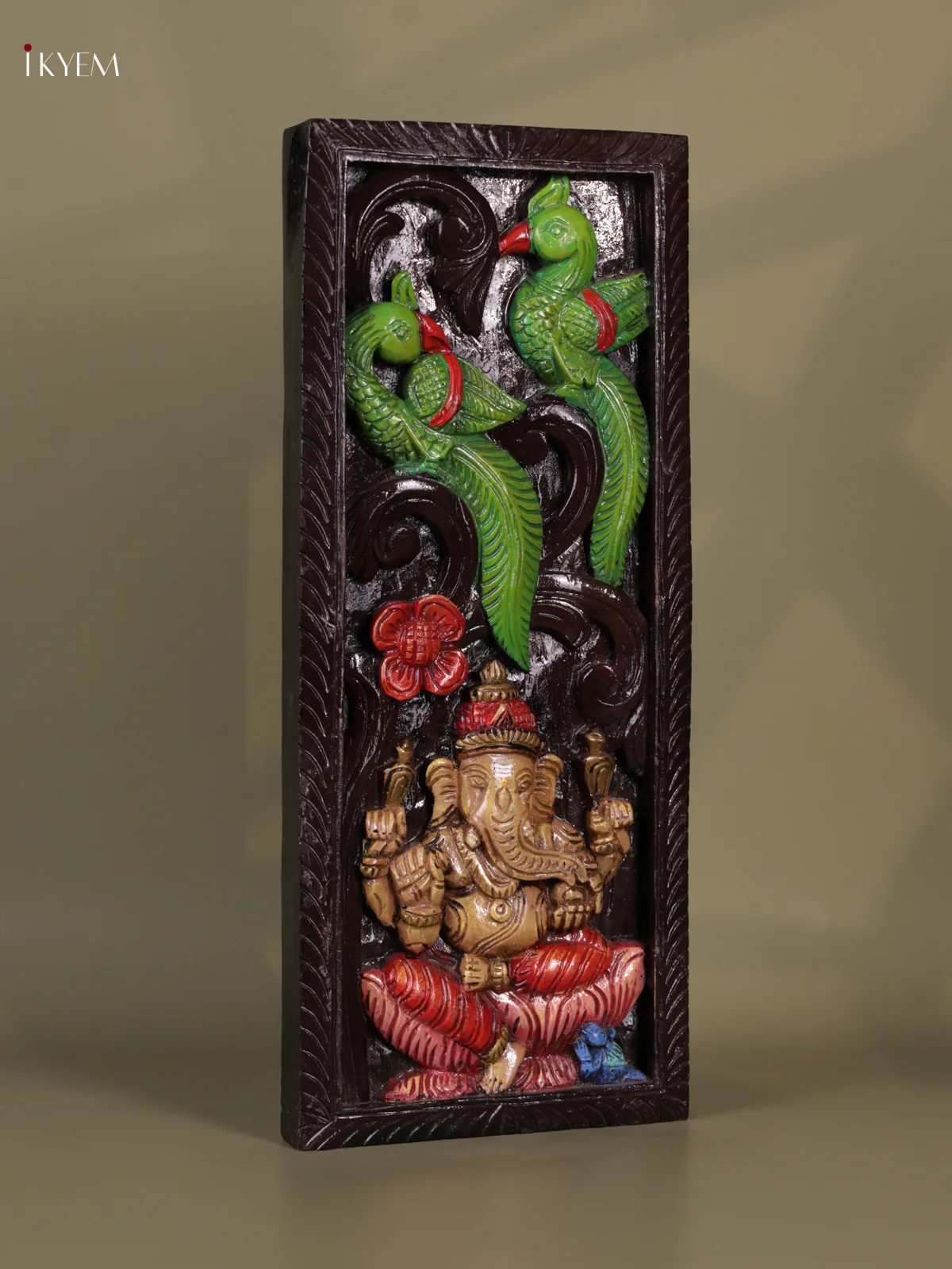 Wooden Hand Carved Painted - Parrot Ganesha - Panel - (24x10) - KEB0729 - Image 2