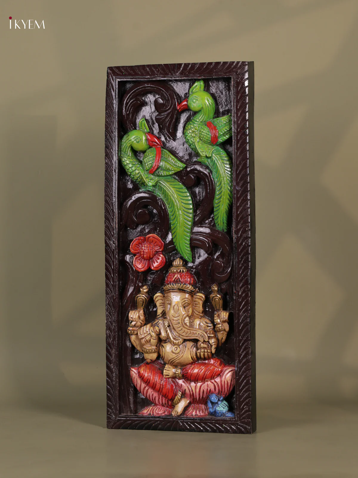 Wooden Hand Carved Painted - Parrot Ganesha - Panel - (24x10) - KEB0729 - Image 4