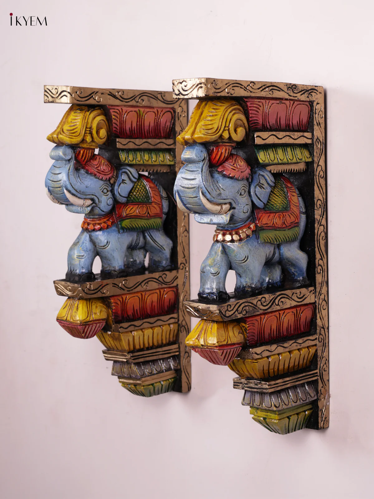 Wooden Hand Carved Hand Painted - Elephant Wall Bracket - Set OF - 2
