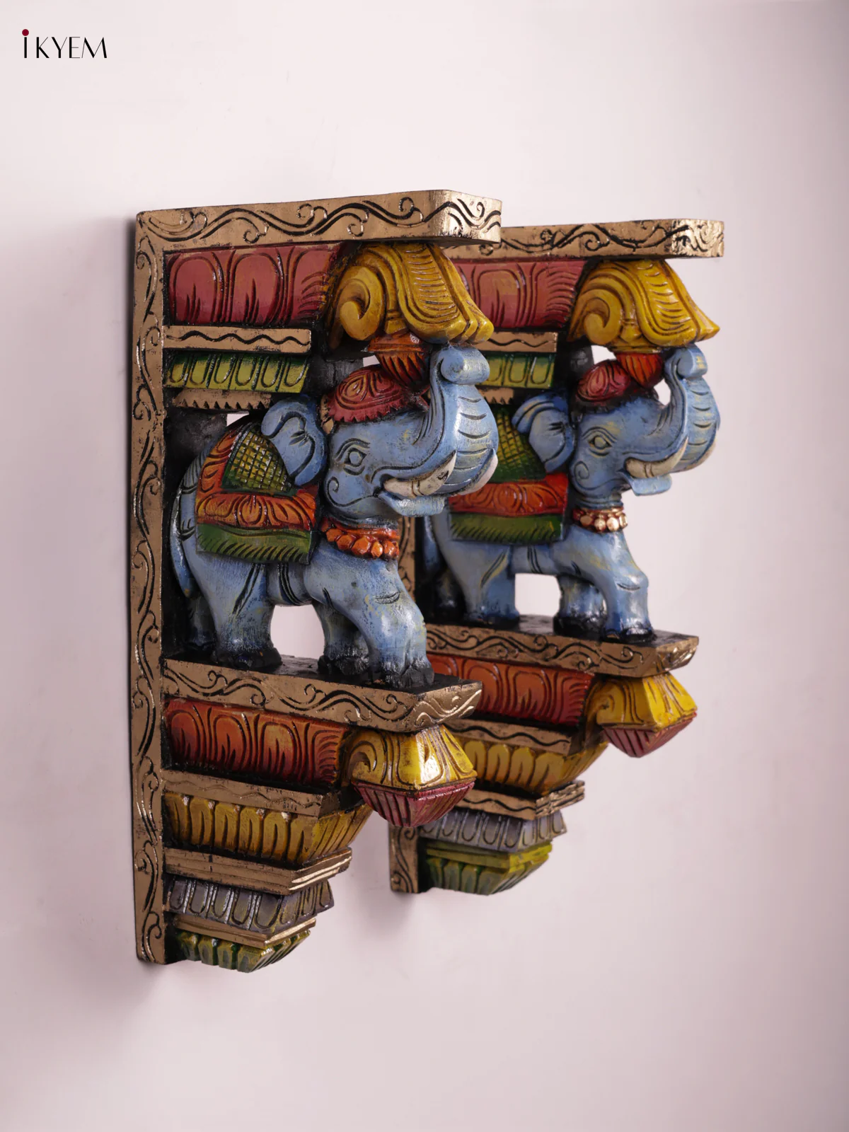 Wooden Hand Carved Hand Painted - Elephant Wall Bracket - Set OF - 2 - Image 3