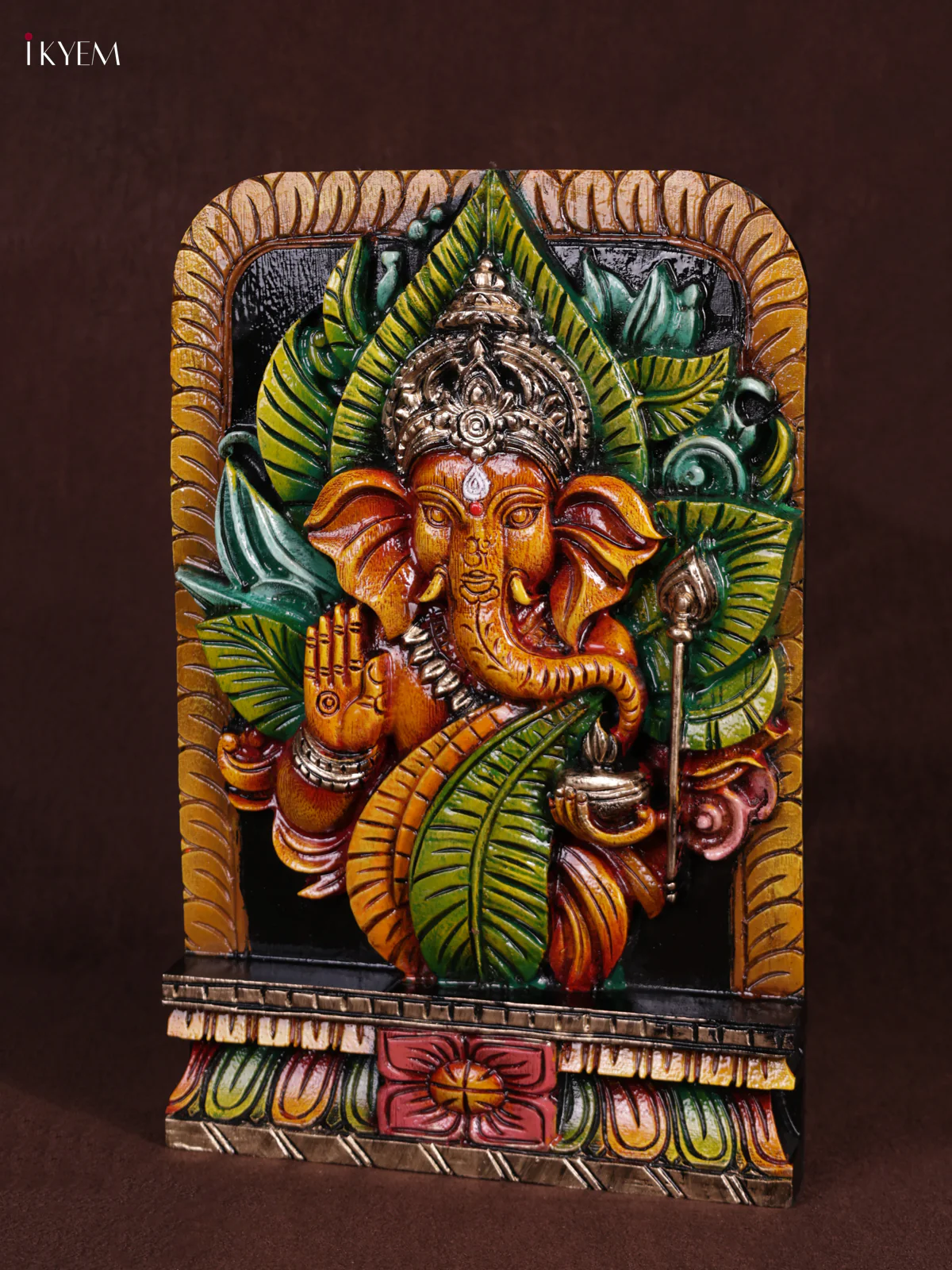 Wooden Hand Carved Painted - Leaf Ganesha Panel - KEB0931 - Image 2