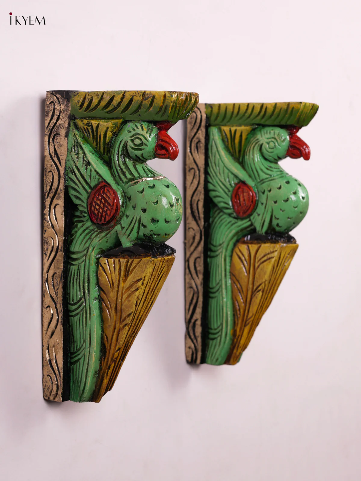 Wooden Hand Carved Painted - Parrot Wall Bracket - Set OF - 2 - KEB0944