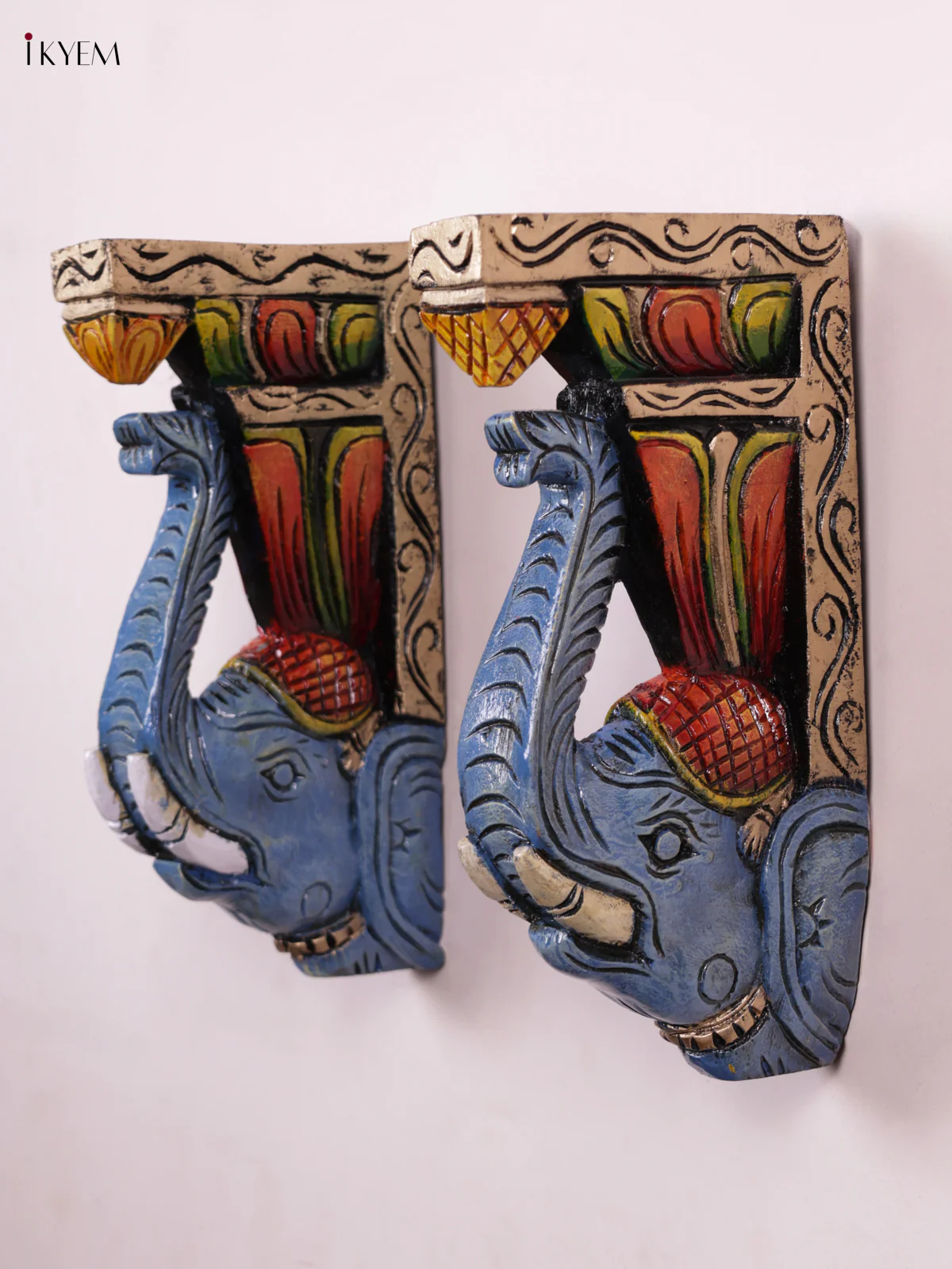 Wooden Hand Carved Painted - Elephant Wall Bracket - Set OF - 2 - KEB0948