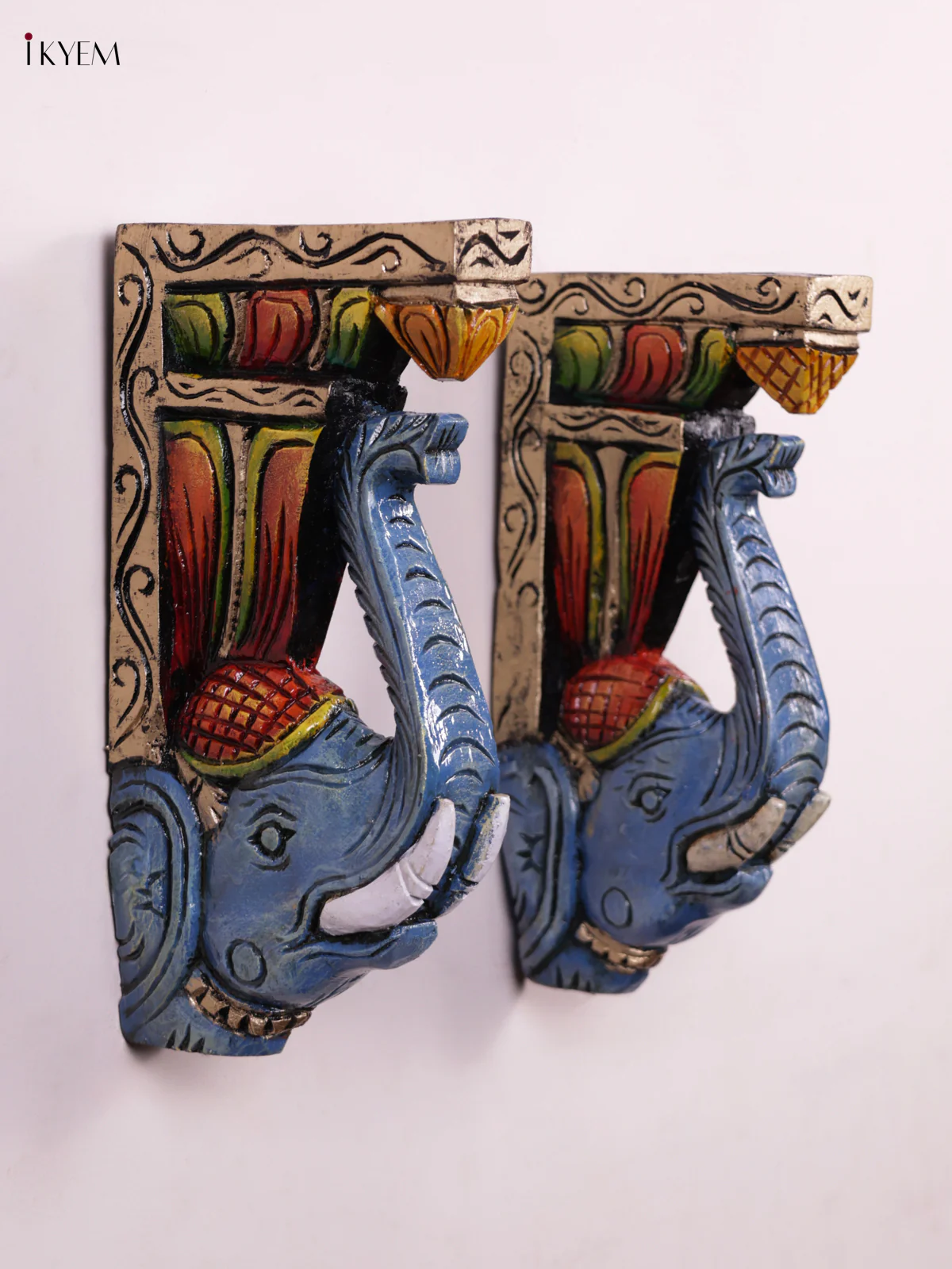 Wooden Hand Carved Painted - Elephant Wall Bracket - Set OF - 2 - KEB0948 - Image 3