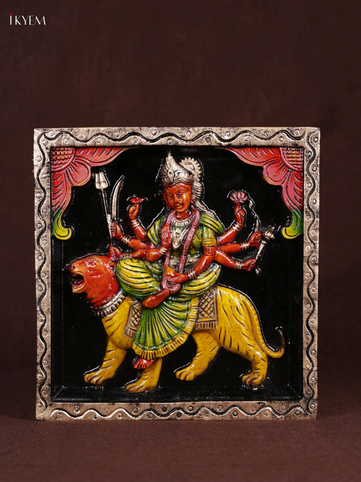 Wooden Hand Carved Painted - Durga Panel - (12x12) - KEB0986