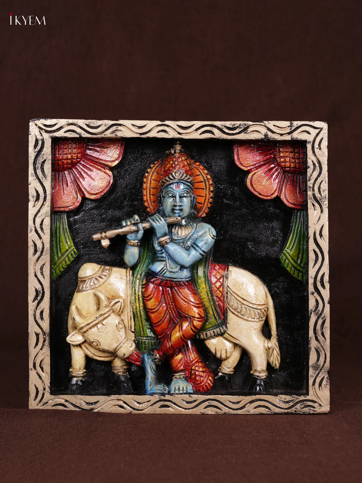 Wooden Hand Carved Painted - Krishna & Cow Panel - (12x12) - KEB0990