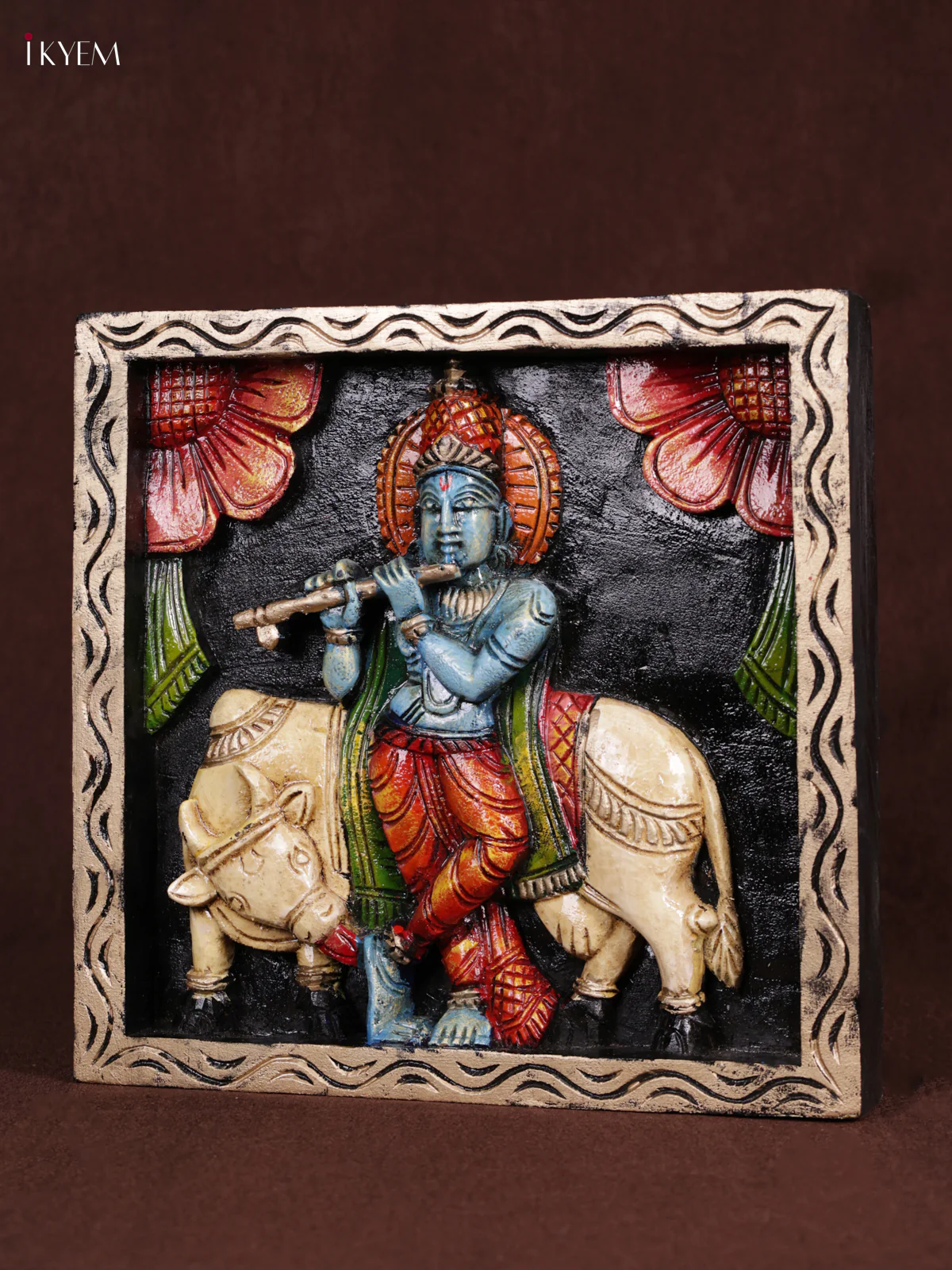 Wooden Hand Carved Painted - Krishna & Cow Panel - (12x12) - KEB0990 - Image 2