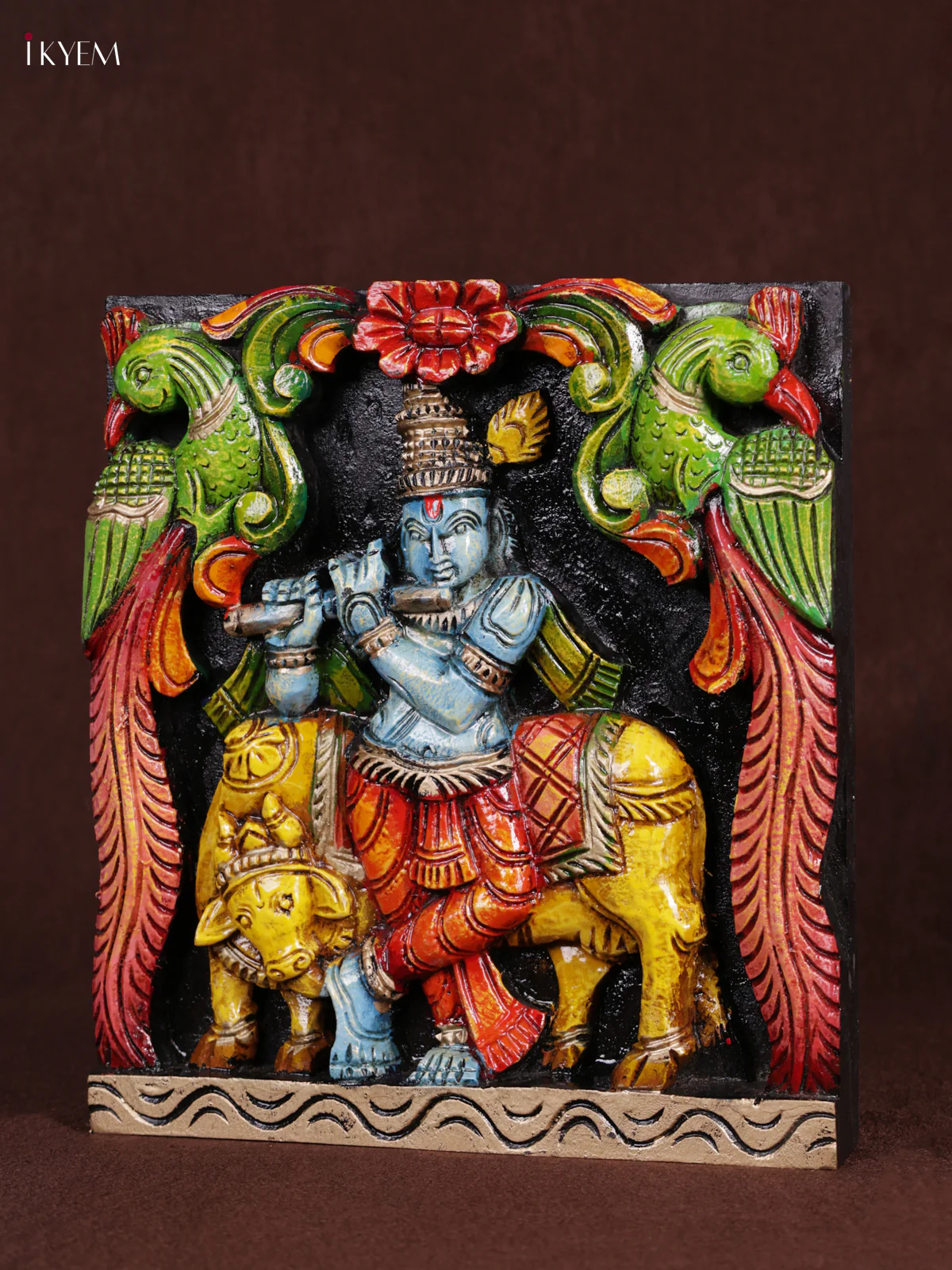Wooden Hand Carved Painted - Krishna & Cow Panel - (12x12) - KEB0991 - Image 2