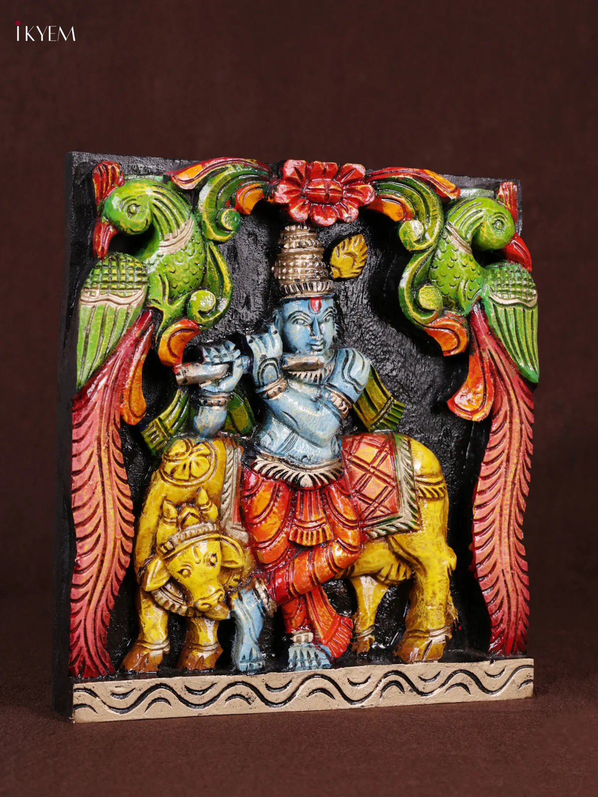Wooden Hand Carved Painted - Krishna & Cow Panel - (12x12) - KEB0991 - Image 3