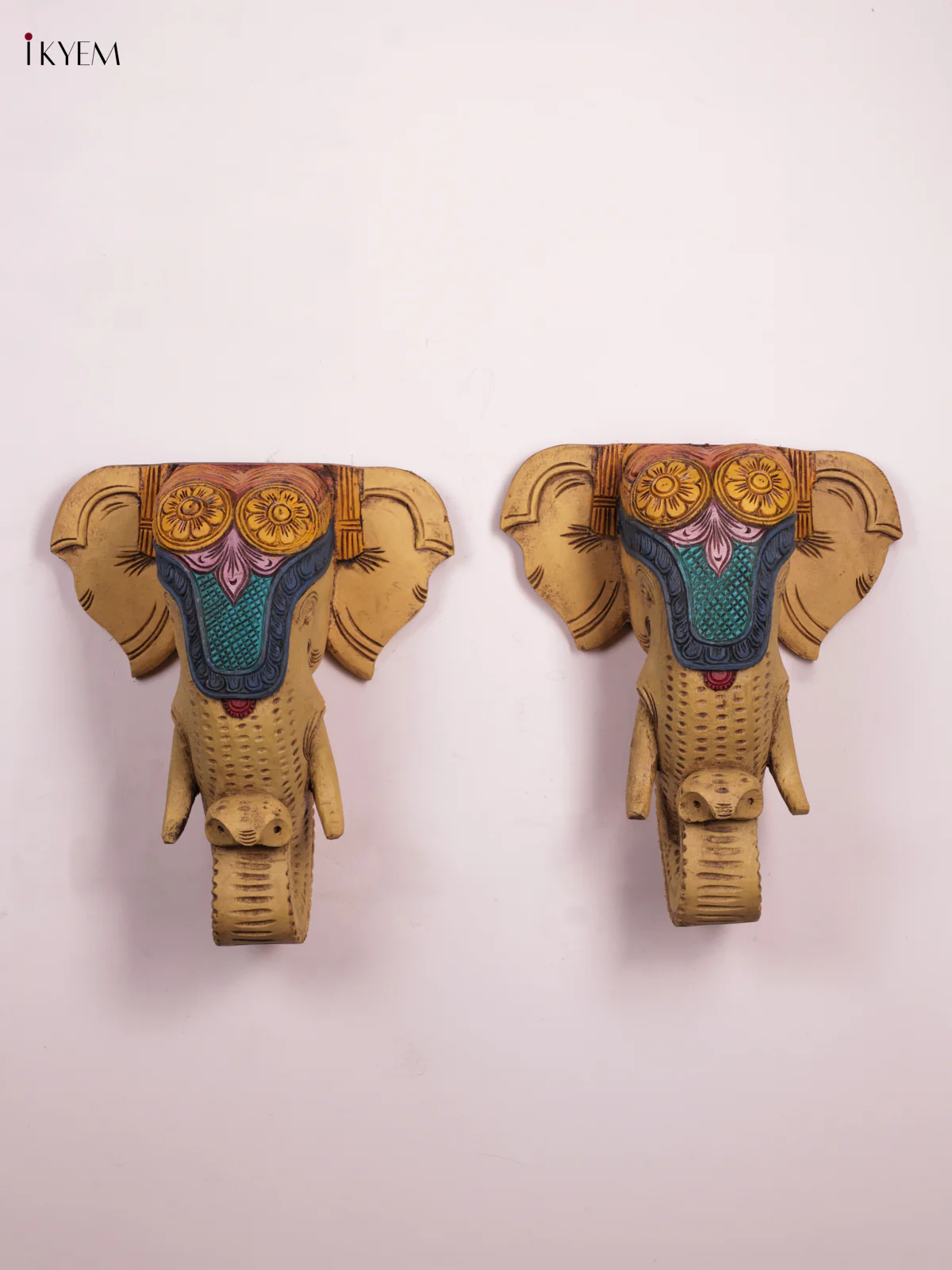 Wooden Hand Carved Painted - Elephant Head Wall Bracket - Set OF - 2 - KEB1005