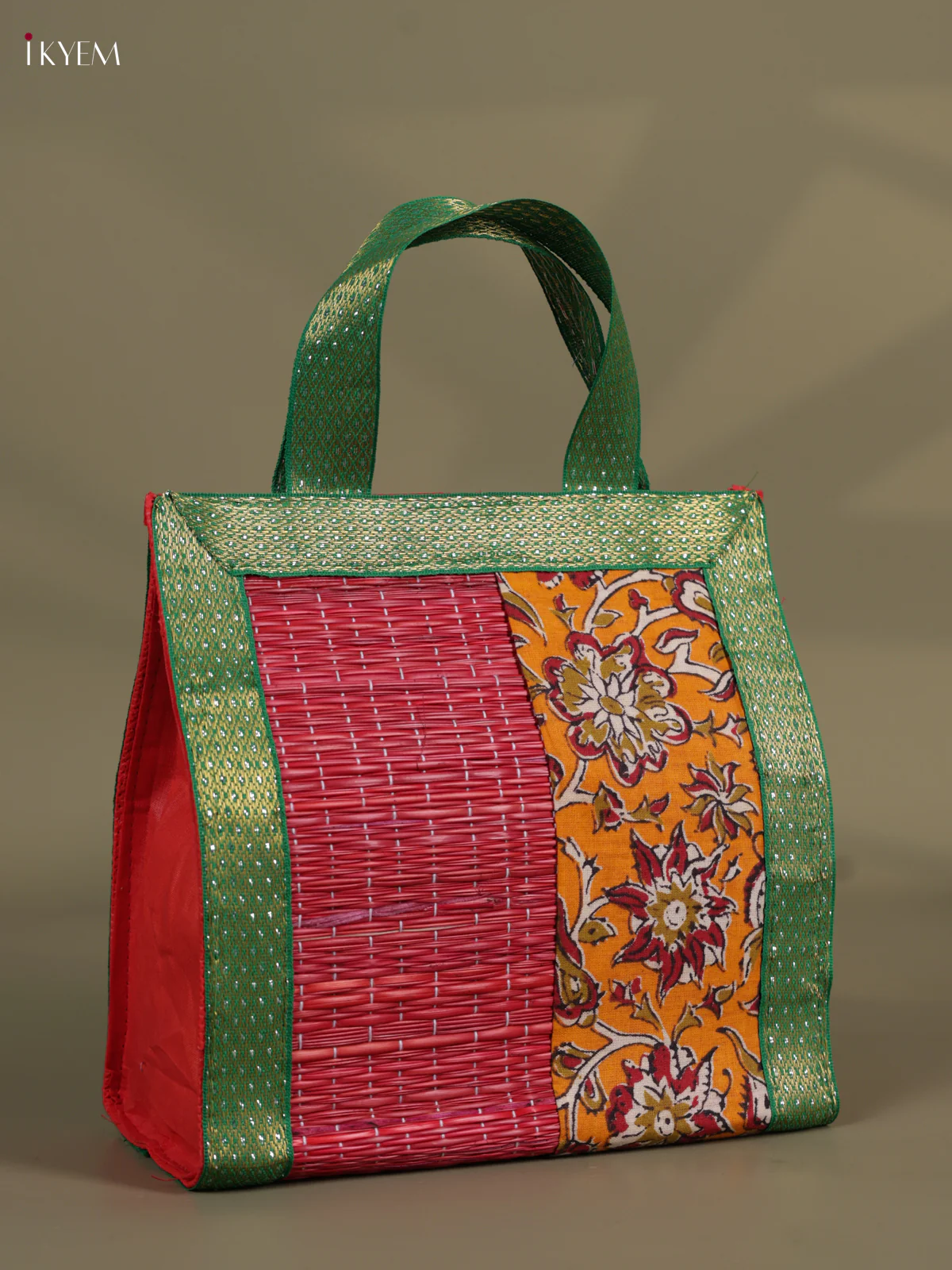 Flower Design Korai Bag With Zari Border - Red - 8 Inch - Image 3
