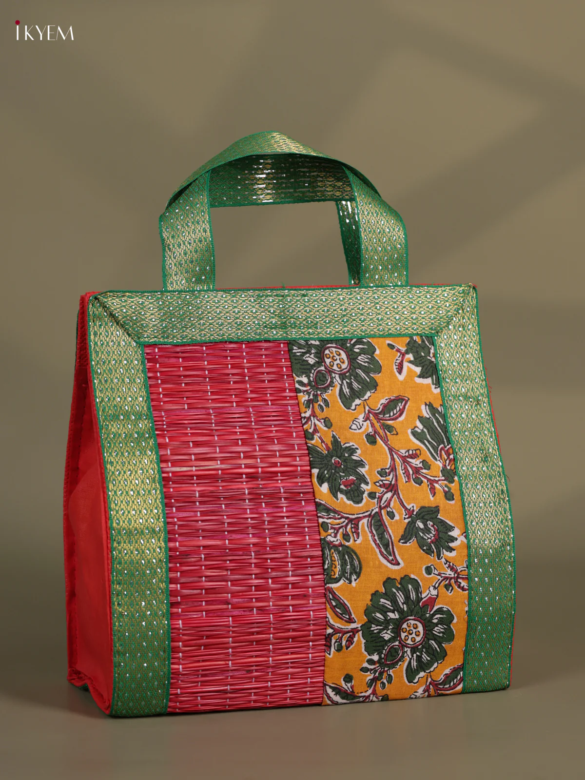 Flower Design Korai Bag With Zari Border - Red - 8 Inch - Image 2