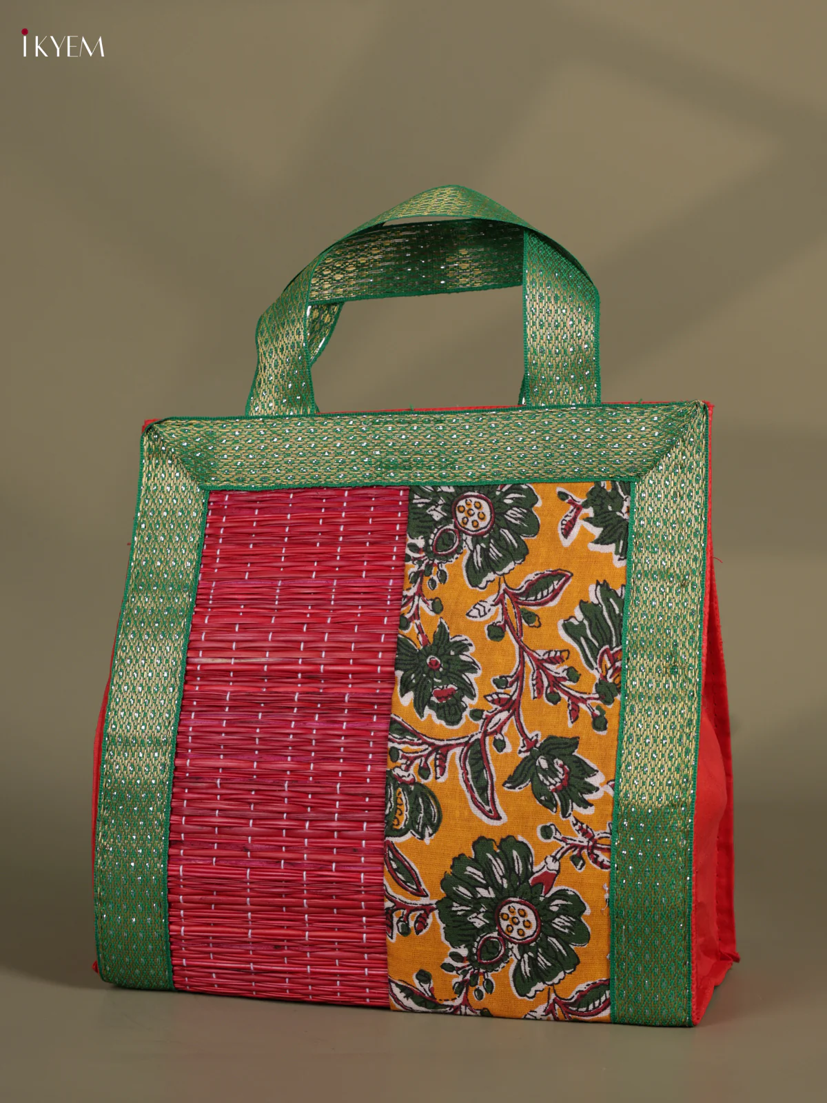 Flower Design Korai Bag With Zari Border - Red - 8 Inch - Image 3