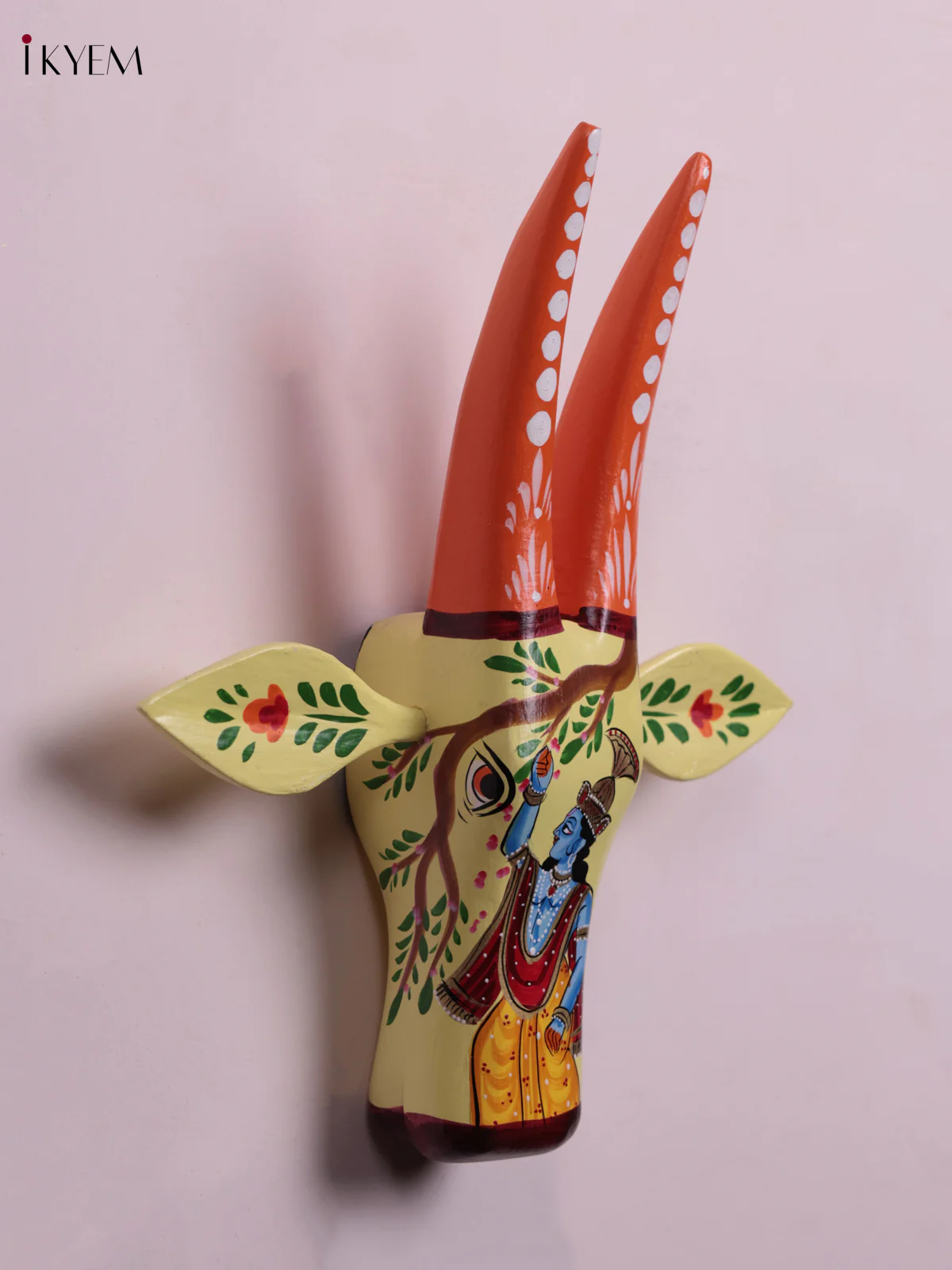 Hand Painted Cow Head - Yellow & Krishna - KEB1420 - Image 3