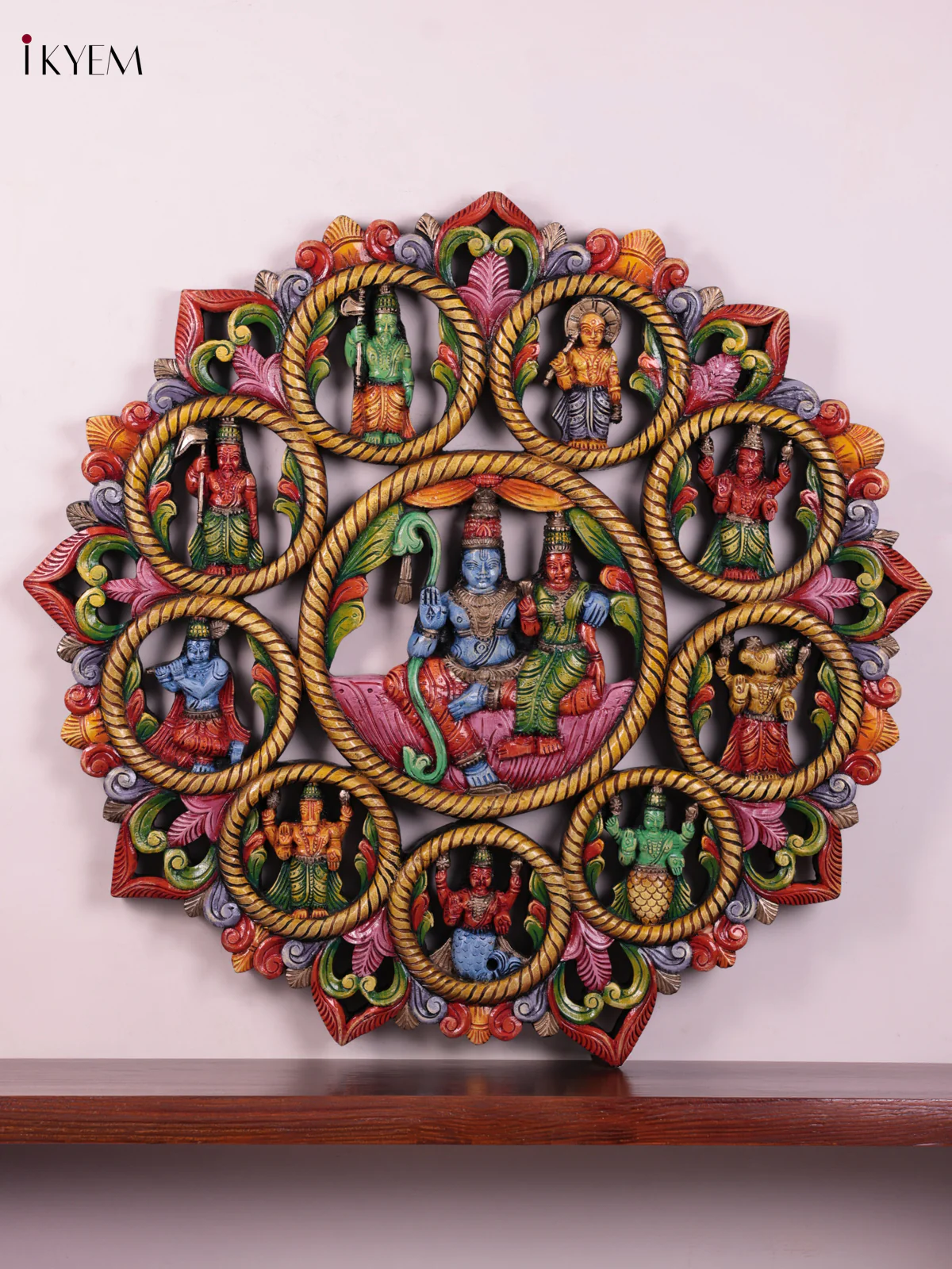 Wooden Hand Carved Painted - Dasavatharam Circle Panel - (36×36)