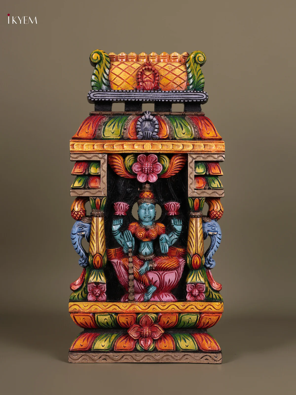 Wooden Hand Carved Painted - Maha Lakshmi Gopuram Panel - (24×12) - KEB23006