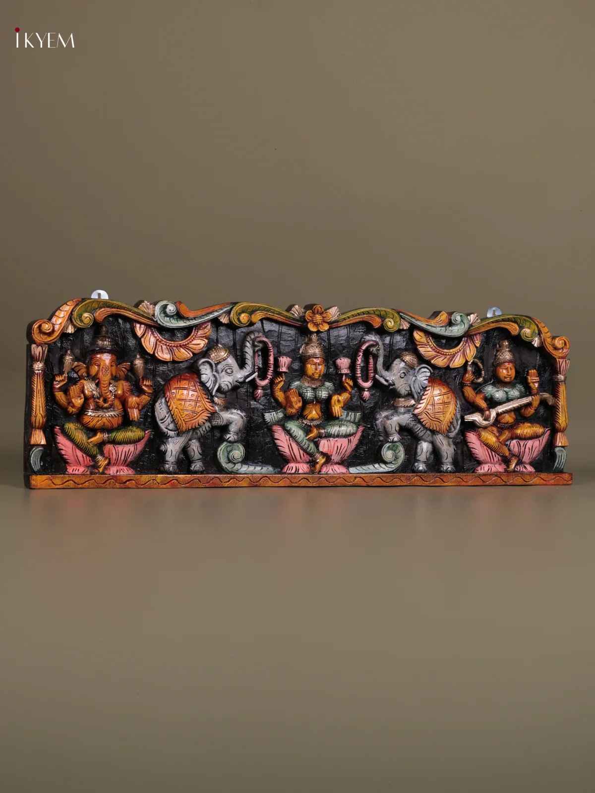 Wooden Hand Carved Painted - Gaja Lakshmi & Ganesha Panel - (12×36) - KEB23008 - Image 5