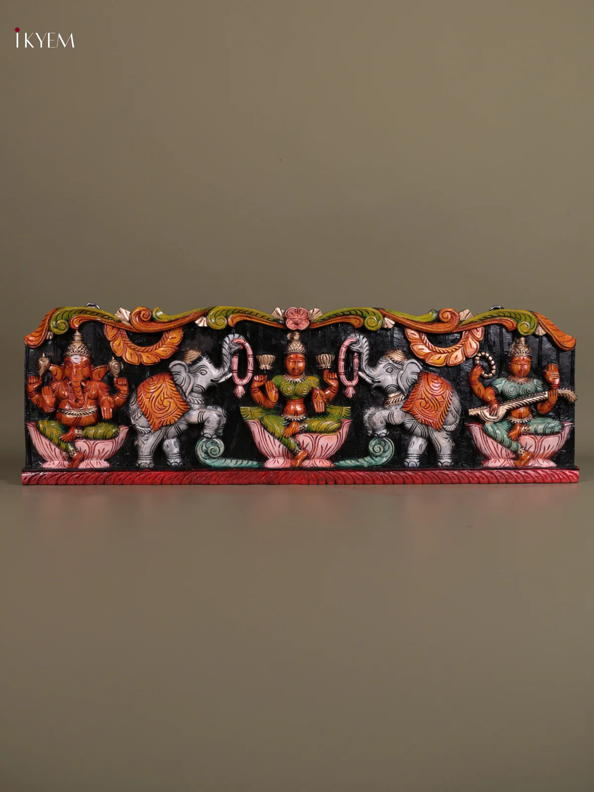 Wooden Hand Carved Painted - Gaja Lakshmi & Ganesha Panel - (12×36) - KEB23009