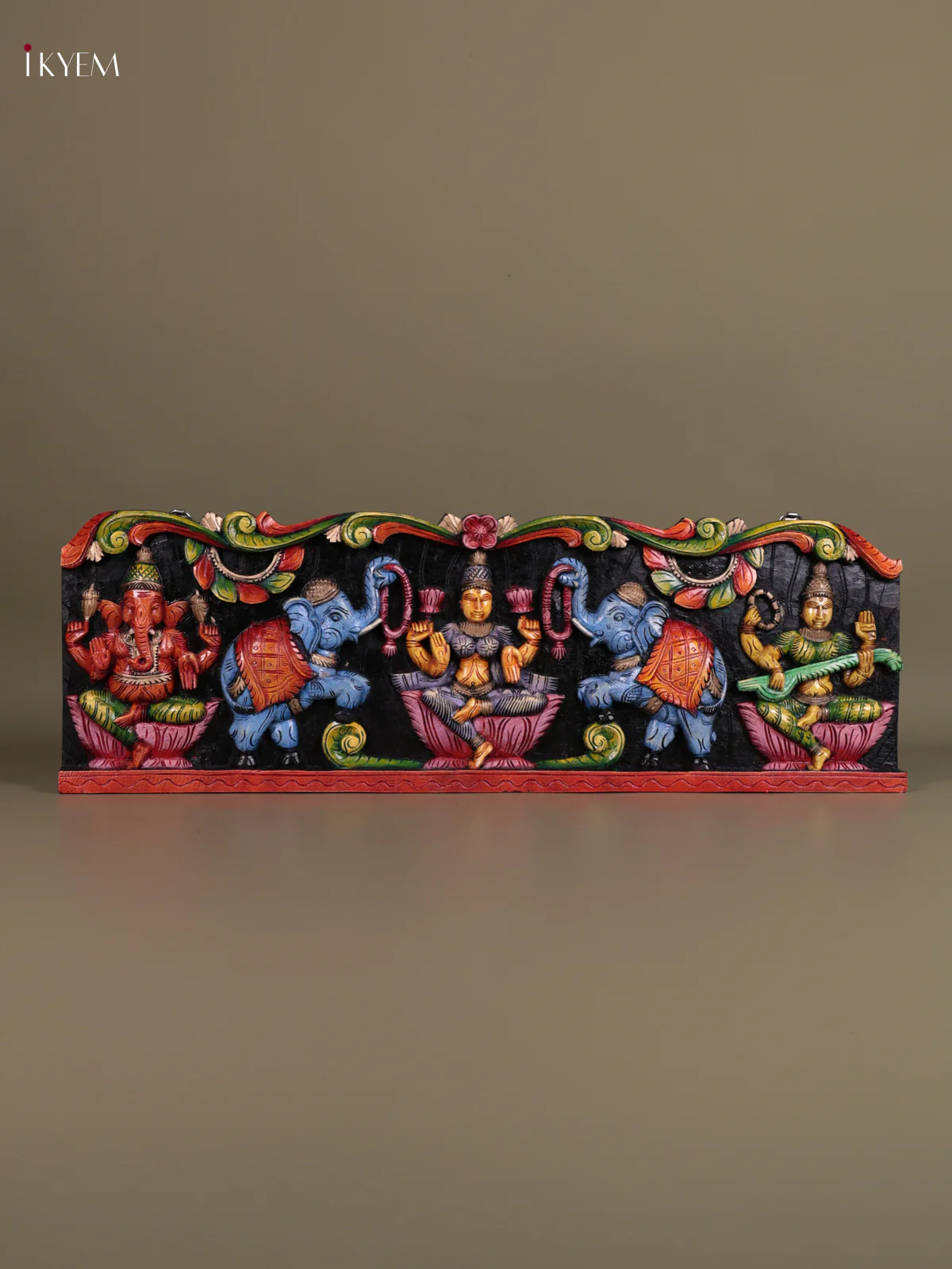 Wooden Hand Carved Painted - Gaja Lakshmi & Ganesha Panel - (12×36) - KEB23010